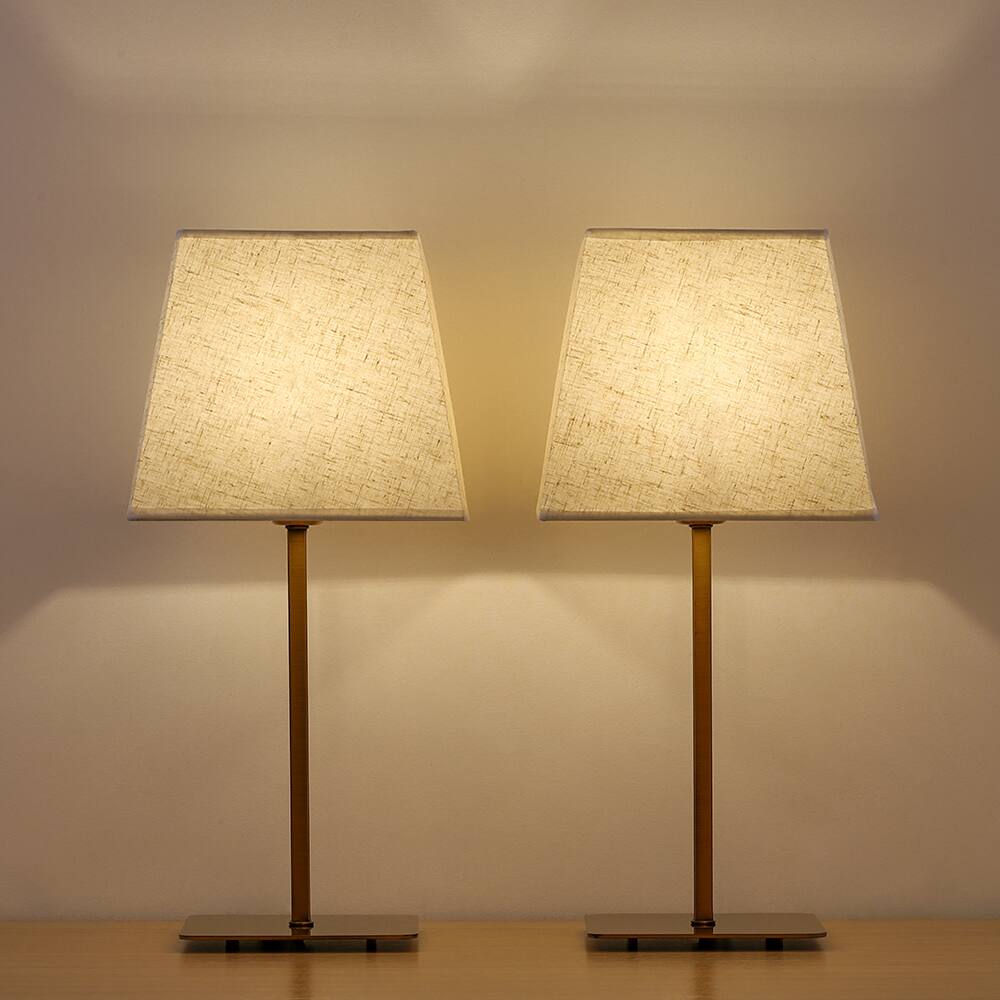 Back. Oumilen - 2-Pack Gold Metal Table Lamps with Trapezoidal Linen Shades, 6In Square Base, E26 Socket & UL Plug.