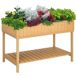 Outsunny - 43x18x30in Raised Garden Bed with 8 Pockets and Shelf, Wooden Elevated Planter Box with Legs to Grow Herbs - Natural Wood