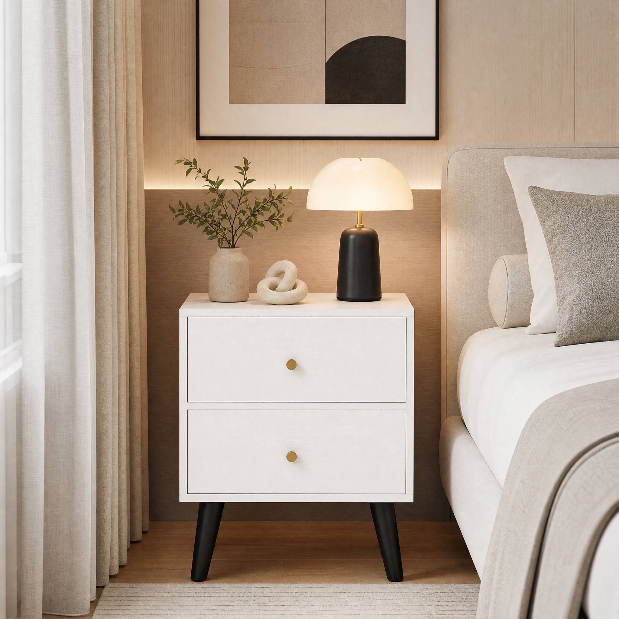 WELLFOR - Mid-Century Modern Nightstand with Knobs and Raised Support Legs - White