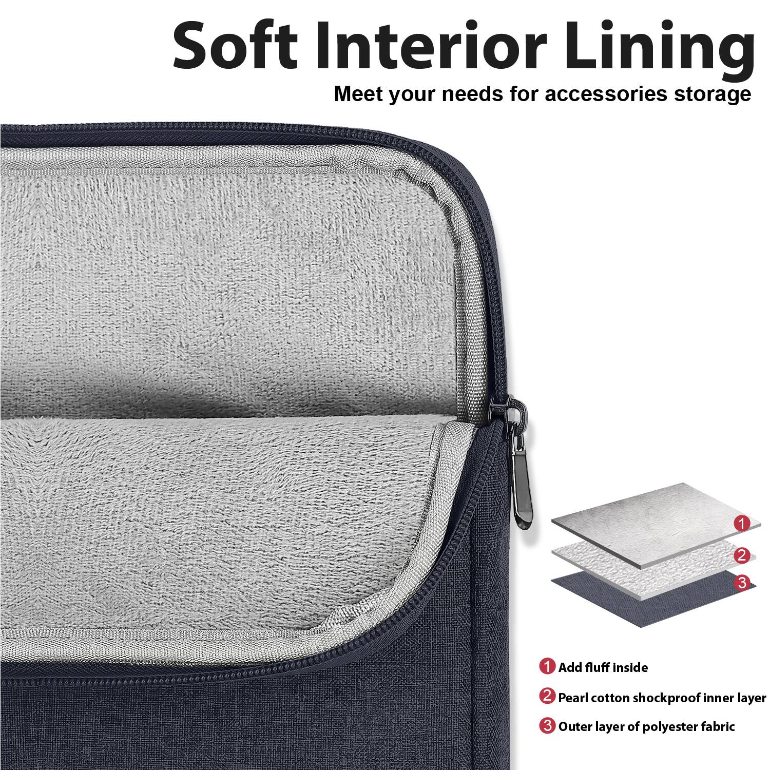 Soft Interior Lining  
Meet your needs for accessories storage

1. Add fluff inside
2. Pearl cotton shockproof inner layer
3. Outer layer of polyester fabric