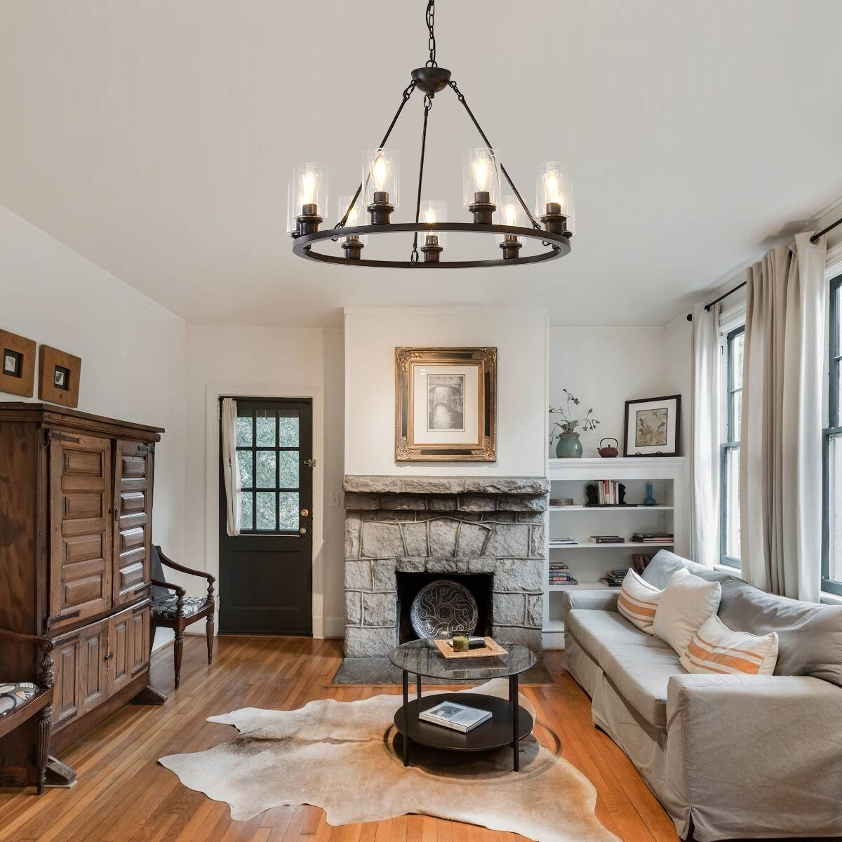 Left. Loheer - Loheer 9 Light Wagon Wheel Chandelier Modern Farmhouse Brown Metal Dining Room Pendant.