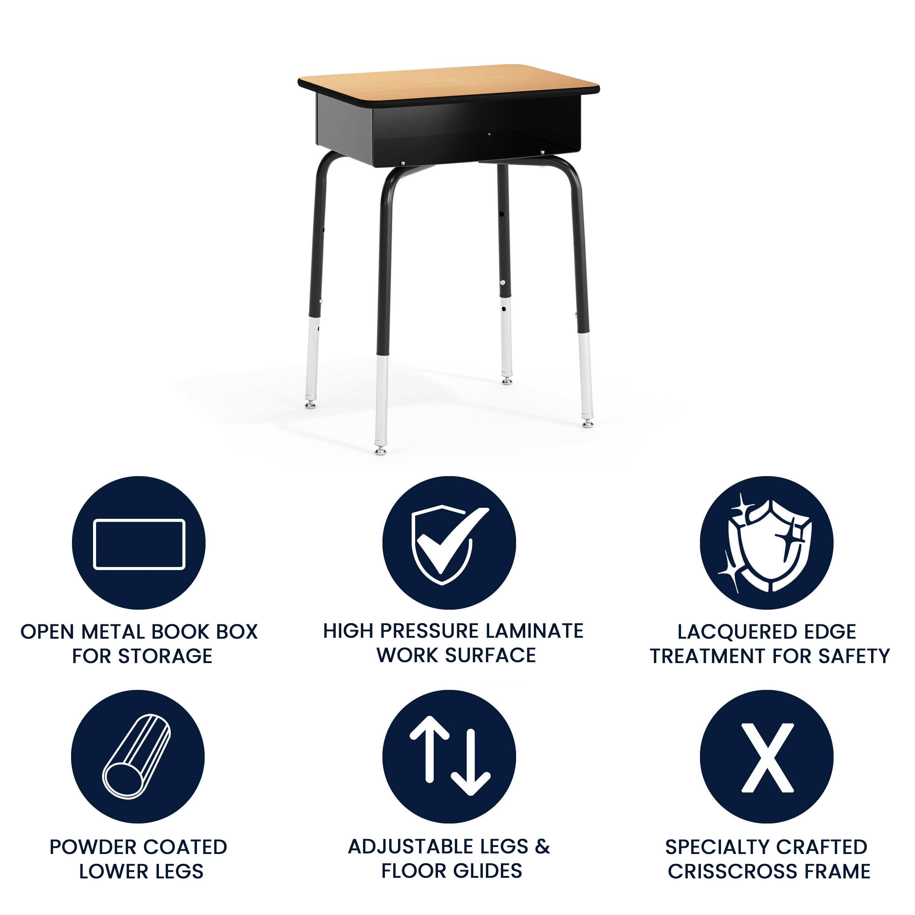 - OPEN METAL BOOK BOX FOR STORAGE
- HIGH PRESSURE LAMINATE WORK SURFACE
- POWDER COATED LOWER LEGS
- ADJUSTABLE LEGS & FLOOR GLIDES
- LACQUERED EDGE TREATMENT FOR SAFETY
- SPECIALTY CRAFTED CRISSCROSS FRAME