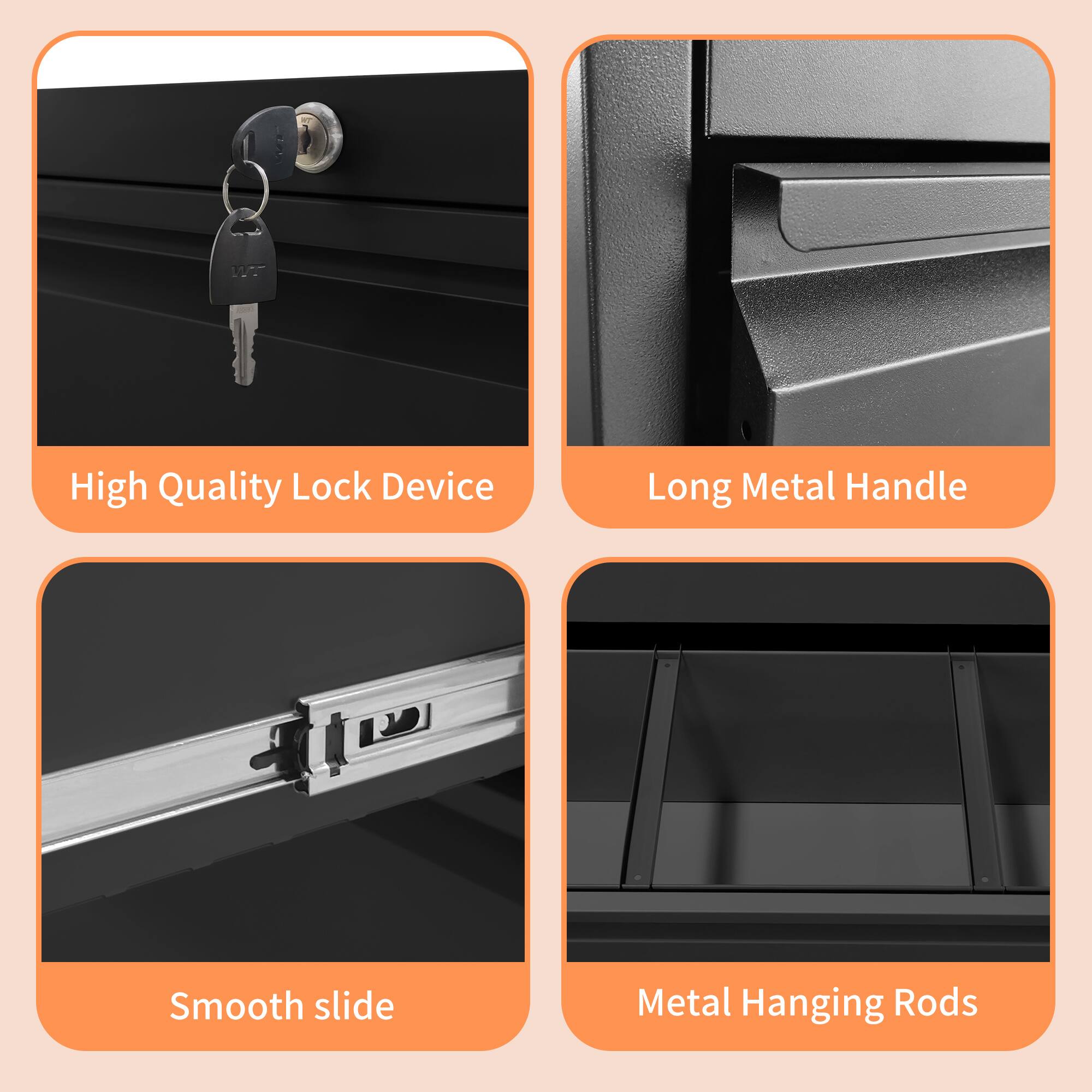 High Quality Lock Device  
Long Metal Handle  
Smooth slide  
Metal Hanging Rods