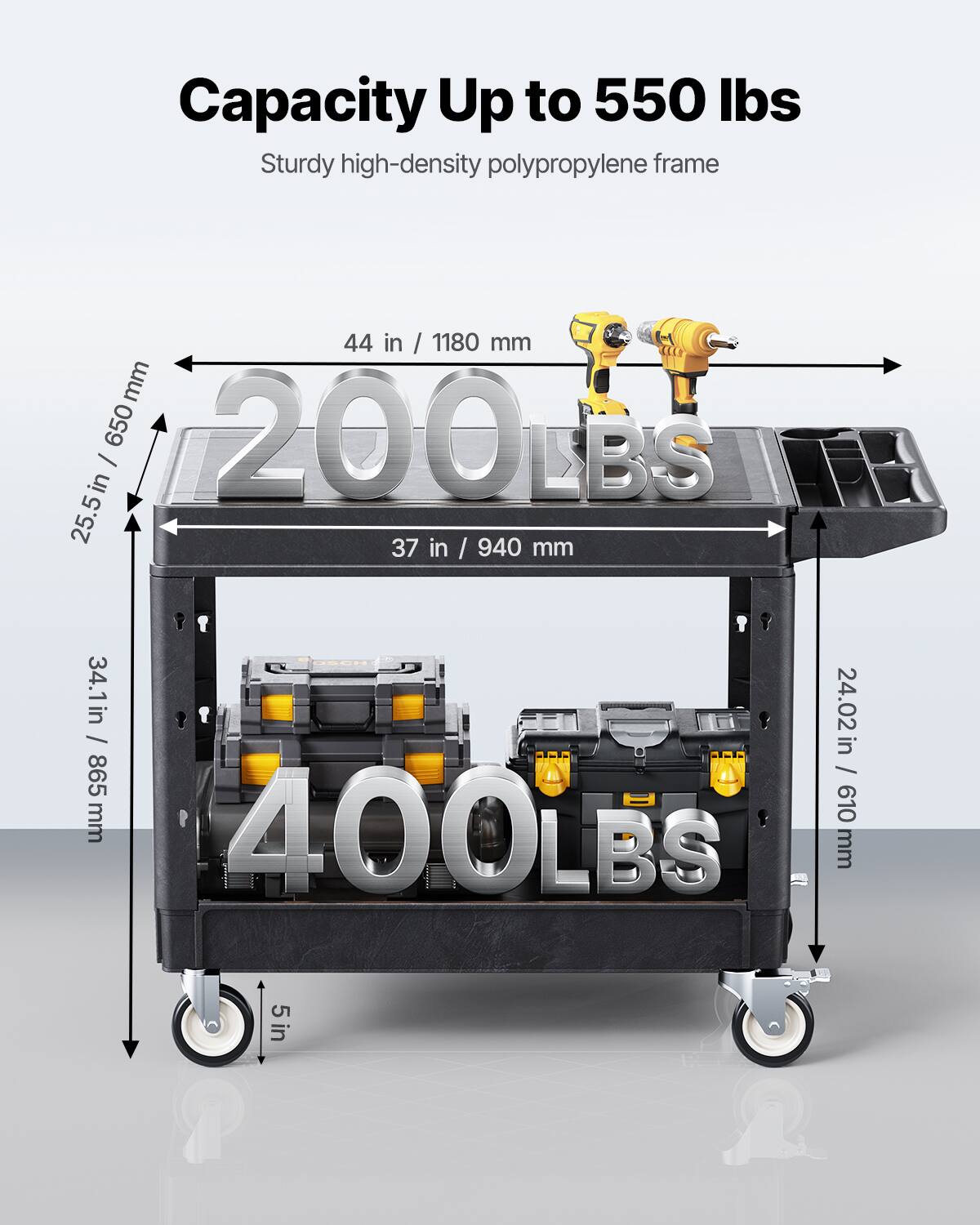 Capacity Up to 550 lbs, Sturdy high-density polypropylene frame, 44 in / 1180 mm, 25.5 in / 650 mm, 37 in / 940 mm, 34.1 in / 865 mm, 24.02 in / 610 mm, 5 in