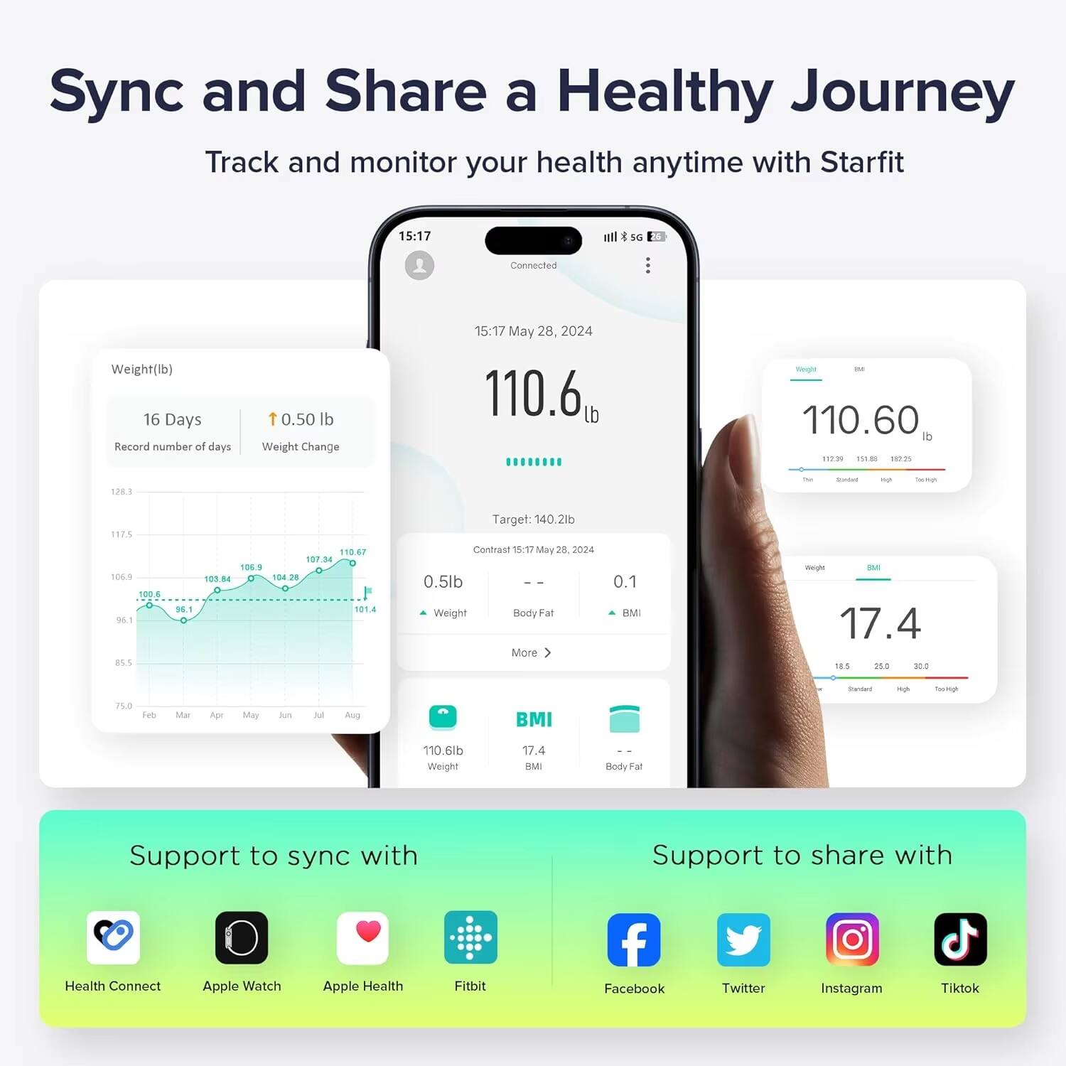 Sync and Share a Healthy Journey

Track and monitor your health anytime with Starfit

15:17  
16 Days  
Record number of days  
Weight Change: 0.50 lb  
110.6 lb  
Target: 140.2 lb  
Contrast: 15:17 May 28, 2024  
0.5 lb  
Body Fat: 17.4  
BMI: 17.4  
110.60 lb  
0.1  
BMI: 17.4  
Body Fat: 7.4  

Support to sync with  
Health Connect  
Apple Watch  
Apple Health  
Fitbit  

Support to share with  
Facebook  
Twitter  
Instagram  
Tiktok