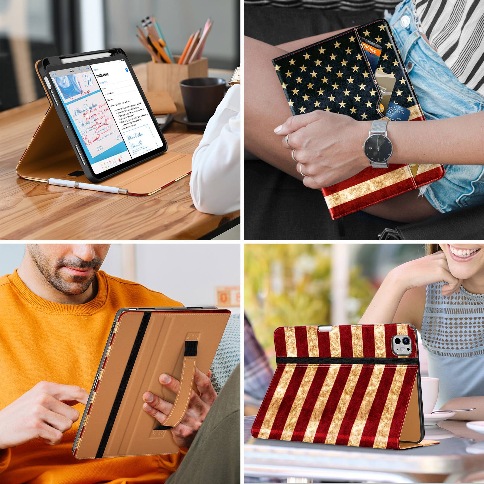 The text in the image is not clearly visible or legible. However, based on the context and the appearance of the images, it seems to be related to a product advertisement for tablet cases with patriotic designs. Here is a possible interpretation of the text:

1. **Top Left Image:**
   - "OFiles 2 - nitral 3H TOLN 0 1 pe Hve A Ne cxnats be F 7 - HL te"
   - This appears to be a mix of random characters and does not form coherent text.

2. **Top Right Image:**
   - "PRICES"
   - This is likely indicating a price tag or label on the product.

3. **Bottom Left Image:**
   - No discernible text.

4. **Bottom Right Image:**
   - No discernible text.

Given the context, the text might be part of a product description or advertisement, but it is not clear enough to accurately group or correct. If you have a clearer image or more context, I might be able to help further.