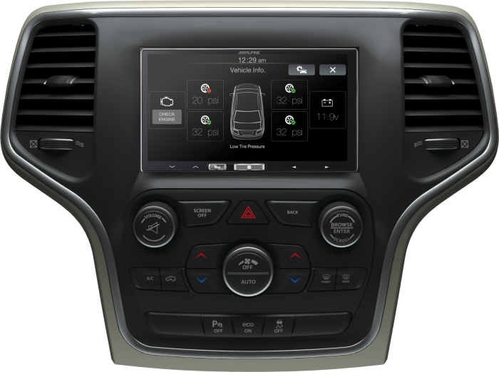 SALPNE  
12:29 am  
Vehicle Info.  
CHECK ENGINE  
20 psi  
32 psi  
Low Tire Pressure  
32 psi  
32 psi  
11.9V  
VOLUME  
SCREEN OFF  
BACK  
TUNE  
BROWSE  
ENTER  
SCROLL  
OFF  
A/C  
AUTO  
G - 1 -  
Pe OFF  
eco ON  
OFF