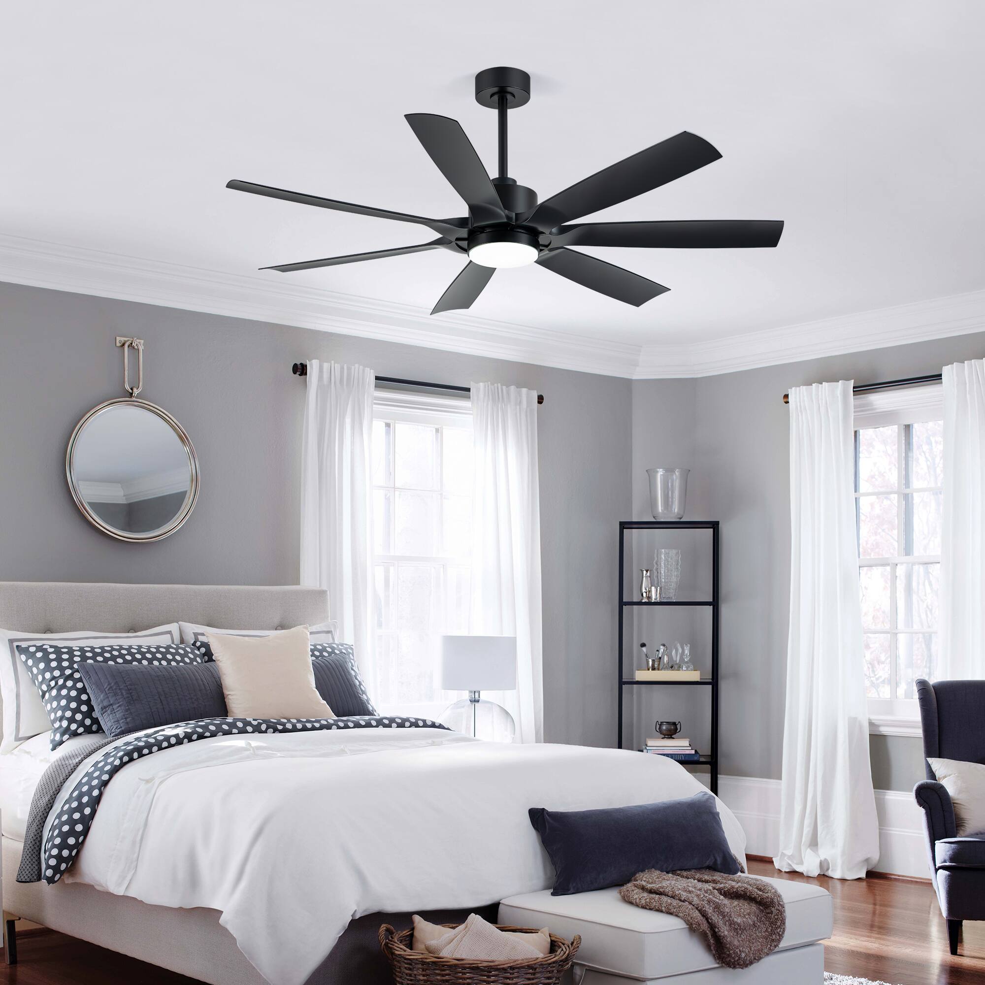 Alt View 1. Breezary - 60'' Ceiling Fan with 3-Color Light, 7 ABS Blades, DC Motor, 6-Speed Remote Control, Timer with Memory Function - Matte Black.
