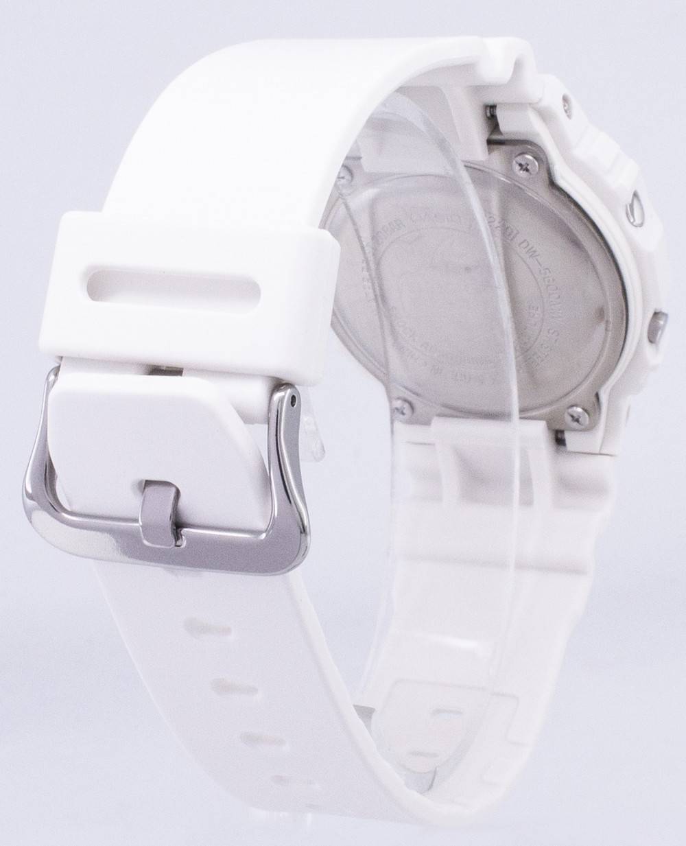 The text on the image reads:

"DW-5600
CASIO
WATER 200M
RESIST
STAINLESS STEEL BACK
JAPAN"