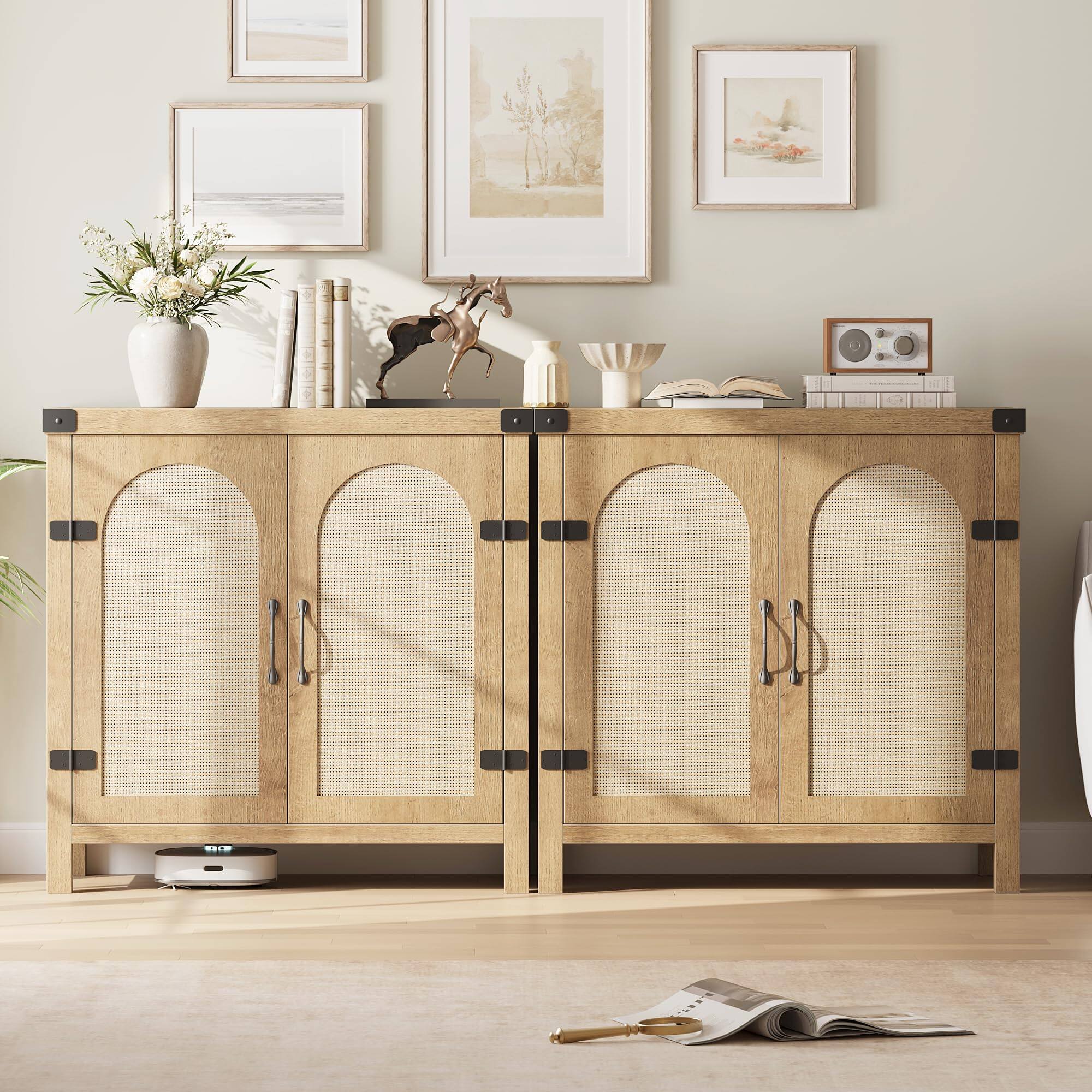 Alt View 2. Jojoka - Rattan Sideboard Buffet Cabinet with Storage, Farmhouse Kitchen Accent Cabinet with Drawer - Oak.