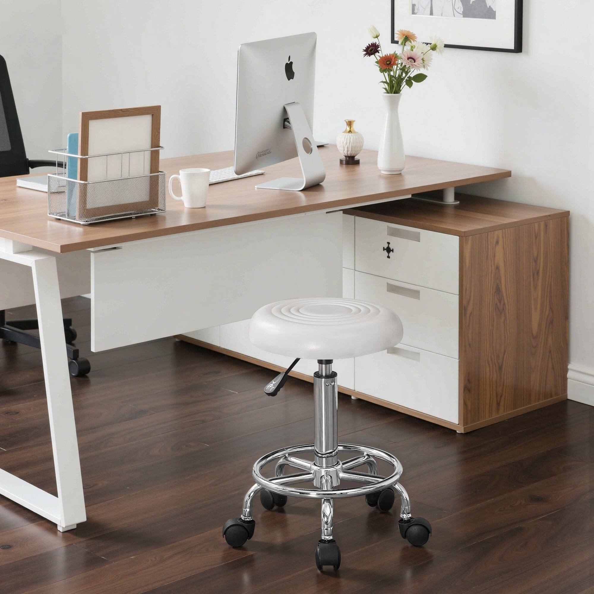 Alt View 7. Vecelo - Round Rolling Stool Chair PU Leather Height Adjustable Swivel Drafting Work SPA Shop Medical Salon Stools with Wheels - White.