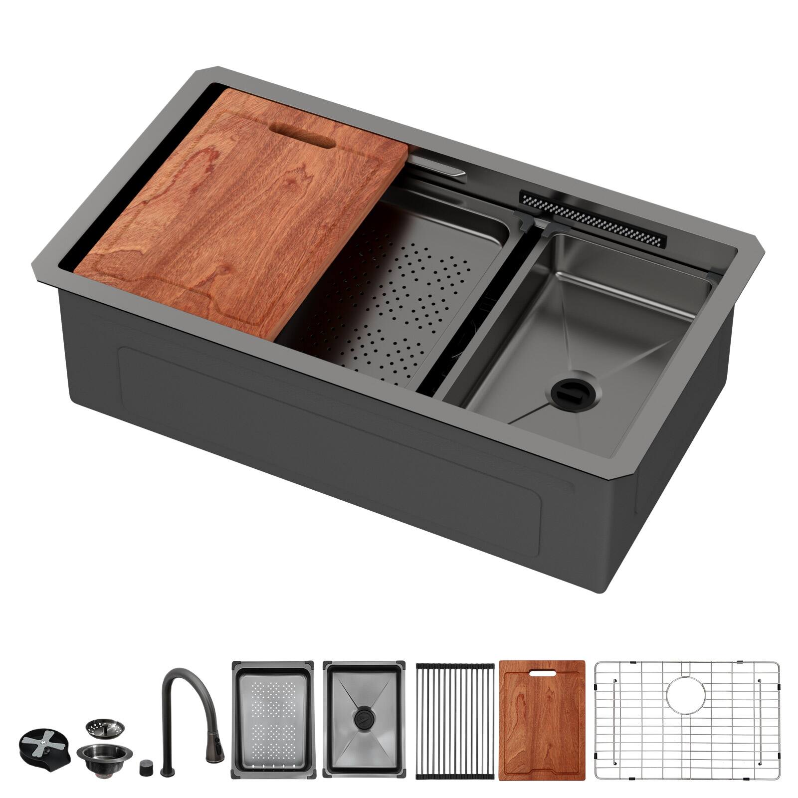 Alt View 6. Siljoy - 33" Undermount Waterfall Kitchen Sink Single Bowl 16 Gauge Stainless Steel Basin with Pull-Down Faucet & Cup Washer - Gunmetal Black.