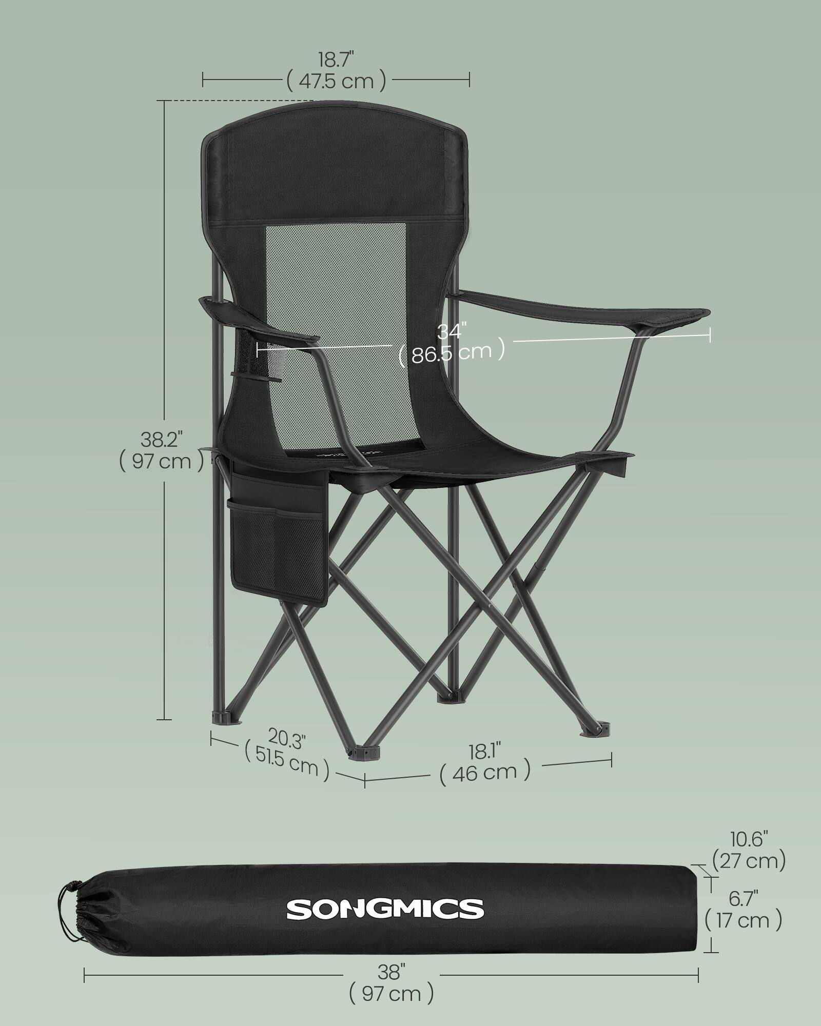 18.7" (47.5 cm)  
34" (86.5 cm)  
38.2" (97 cm)  
20.3" (51.5 cm)  
18.1" (46 cm)  
10.6" (27 cm)  
6.7" (17 cm)  

SONGMICS  
38" (97 cm)