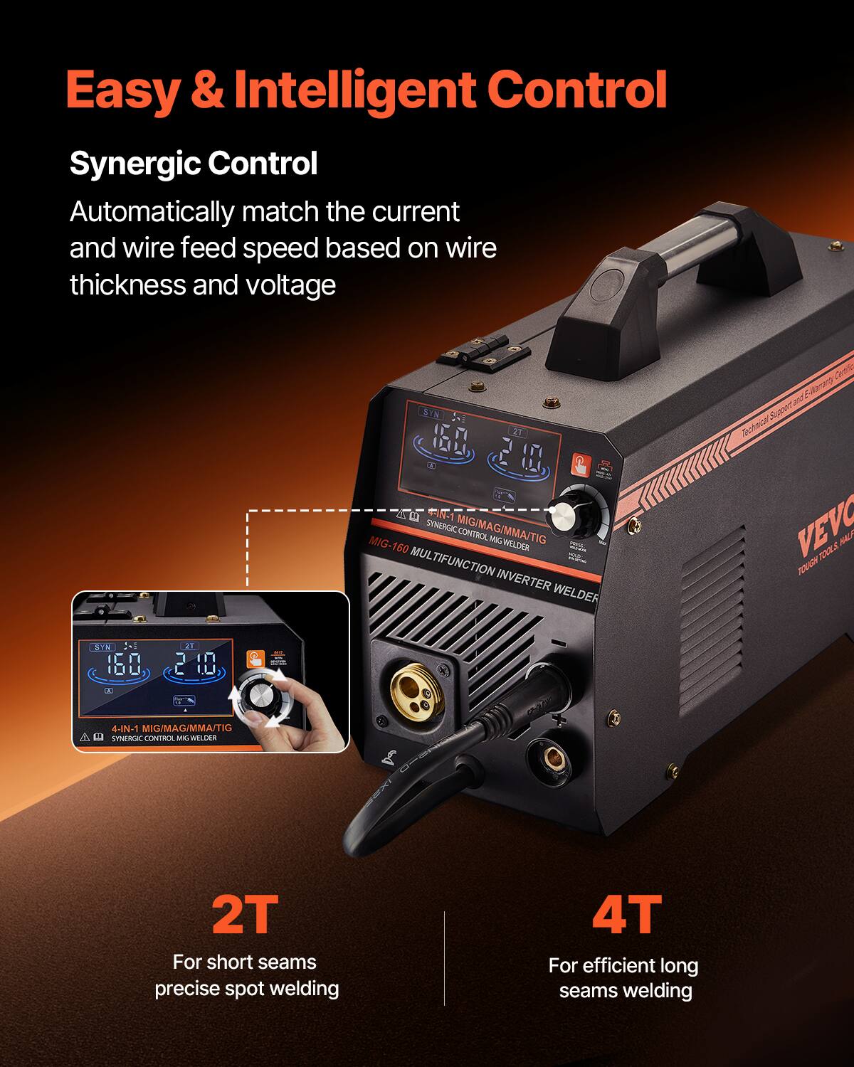Easy & Intelligent Control

Synergic Control  
Automatically match the current and wire feed speed based on wire thickness and voltage

ESTN 2T 17 7S N-1 SYNERGIC MIG/MAG/MMA/TIG CONTROL  
MIG-160 MG WELDER 160 MUL - TIFUNCTION INVERTER WELDER

2T  
For short seams precise spot welding

4T  
For efficient long seams welding
