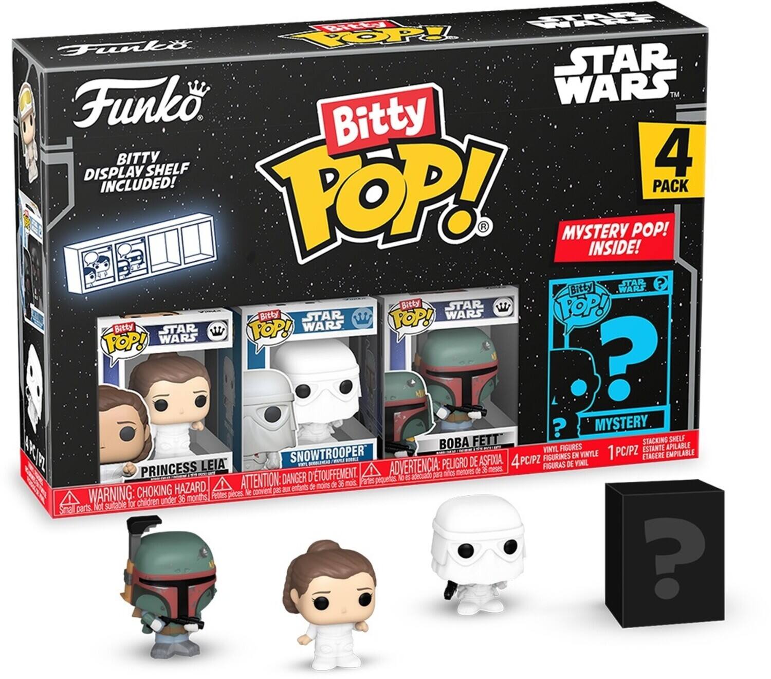 Ely WRU Funko RoP STAR Funko WARS TM Bitty DISPLAY BITTY SHELF 4 INCLUDED! TOP! PACK MYSTERY POP! INSIDE! STAR ? Bitty WARS Bitty STAR POP! Bitty STAR FOP! WARS Bitty STAR FOP! WARS POP! WARS ? ? MYSTERY FETT STACKING SHELF BA VIm FIGURES ESTANTE APILABLE AK/ SNOWTROOPER FIGURINES EN VINTLE 1 PC/PZ ETAGERE EMPILABLE  -L DE ASFIIA. 4PC/PZ 4 LEIA - Pe ADVERTENCIA: PELIGRO FIGURAS DE VINIL PRINCESS metores de 6 meses D'TOUFFEMENT. adecuado para nires DANGER pequetes & is HAZARD. ATTENTION: a entants de nons d 36 mos Pates CHOKING peces. N convient pe WARNING: for children under 36 months Pettes Sm parts Not sutable ?