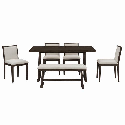 Alt View 3. LUCKY ONE - 6-Piece Rustic Farmhouse Dining Set with Rectangular Dining Table, Bench and 4 Upholstered Linen Chairs - Espresso.