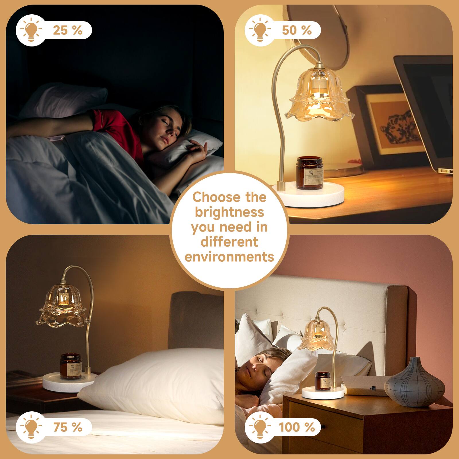 25%  
50%  
75%  
100%  

Choose the brightness you need in different environments