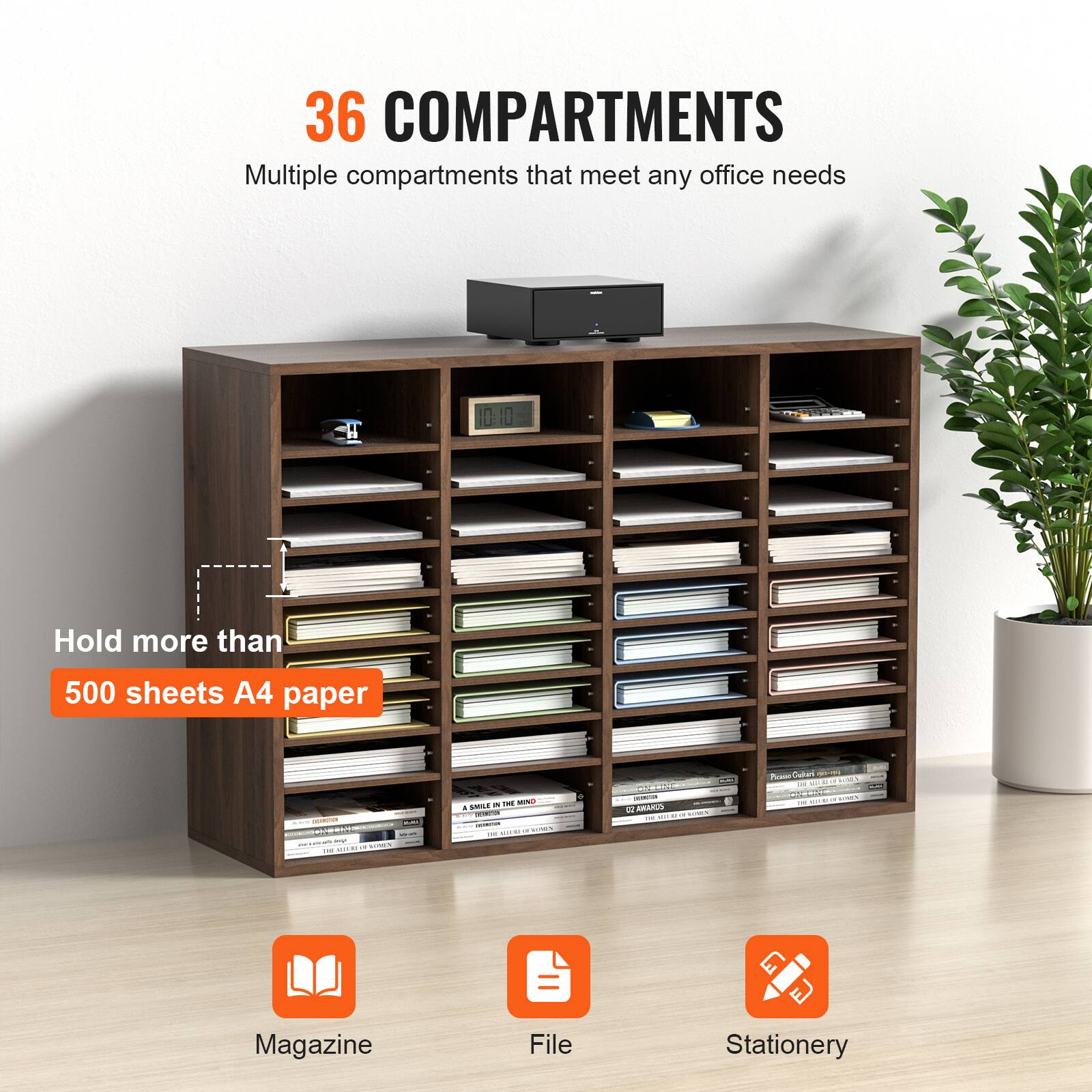 36 COMPARTMENTS  
Multiple compartments that meet any office needs  

Hold more than 500 sheets A4 paper  

Magazine  
File  
Stationery