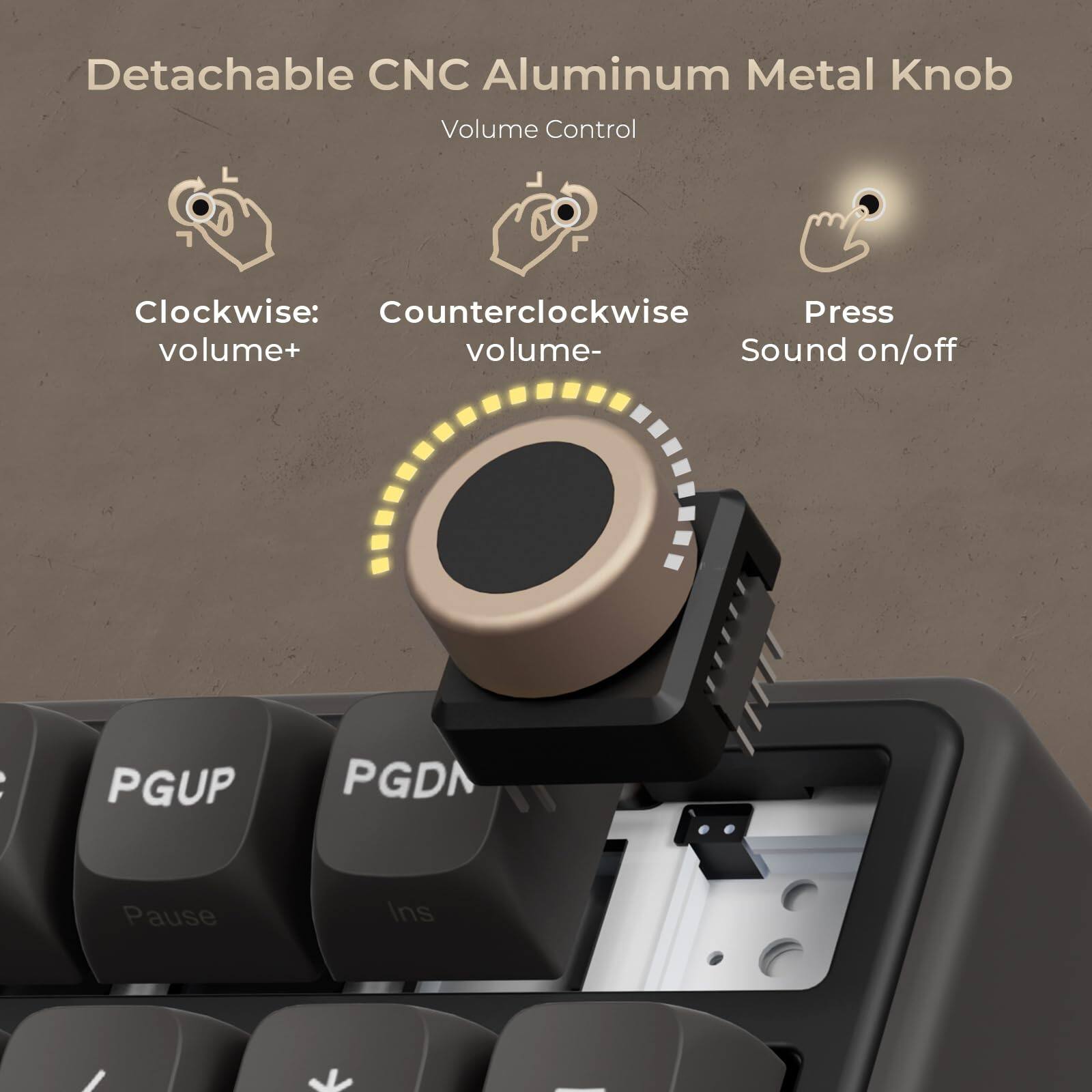 Detachable CNC Aluminum Metal Knob  
Volume Control  

Clockwise: volume+  
Counterclockwise: volume-  
Press: Sound on/off  

PGUP  
PGDN  
Pause  
Ins