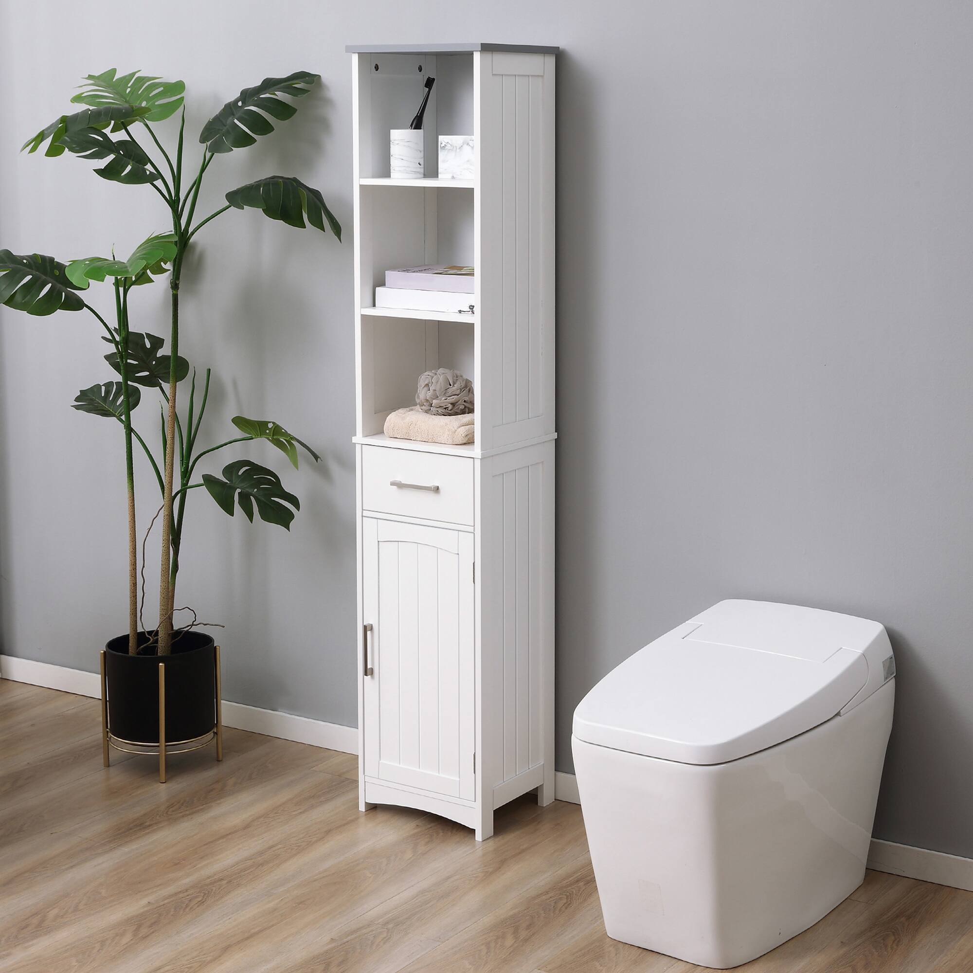 Alt View 1. Kleankin - Bathroom Storage Cabinet, Narrow Bathroom Cabinet with 3 Tier Shelving, Drawer and Adjustable Shelves - White.