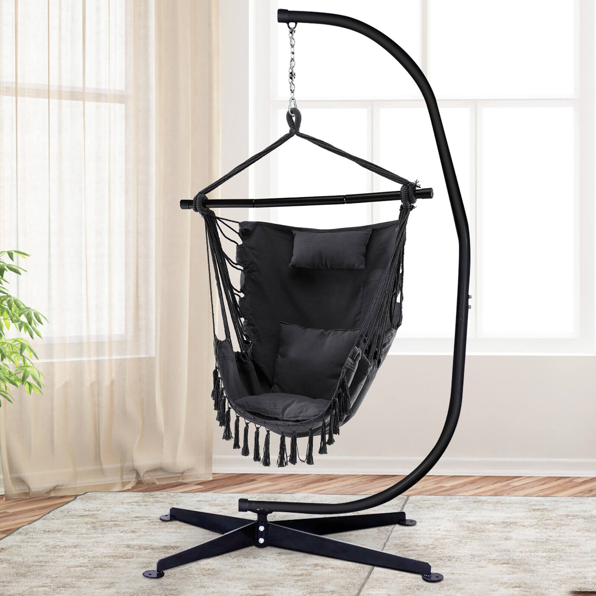Alt View 2. Gymax - Gymax Hammock Chair w/ Soft Pillow Cushions Pocket Hanging Rope Swing Steel Bar Gray - Gray.