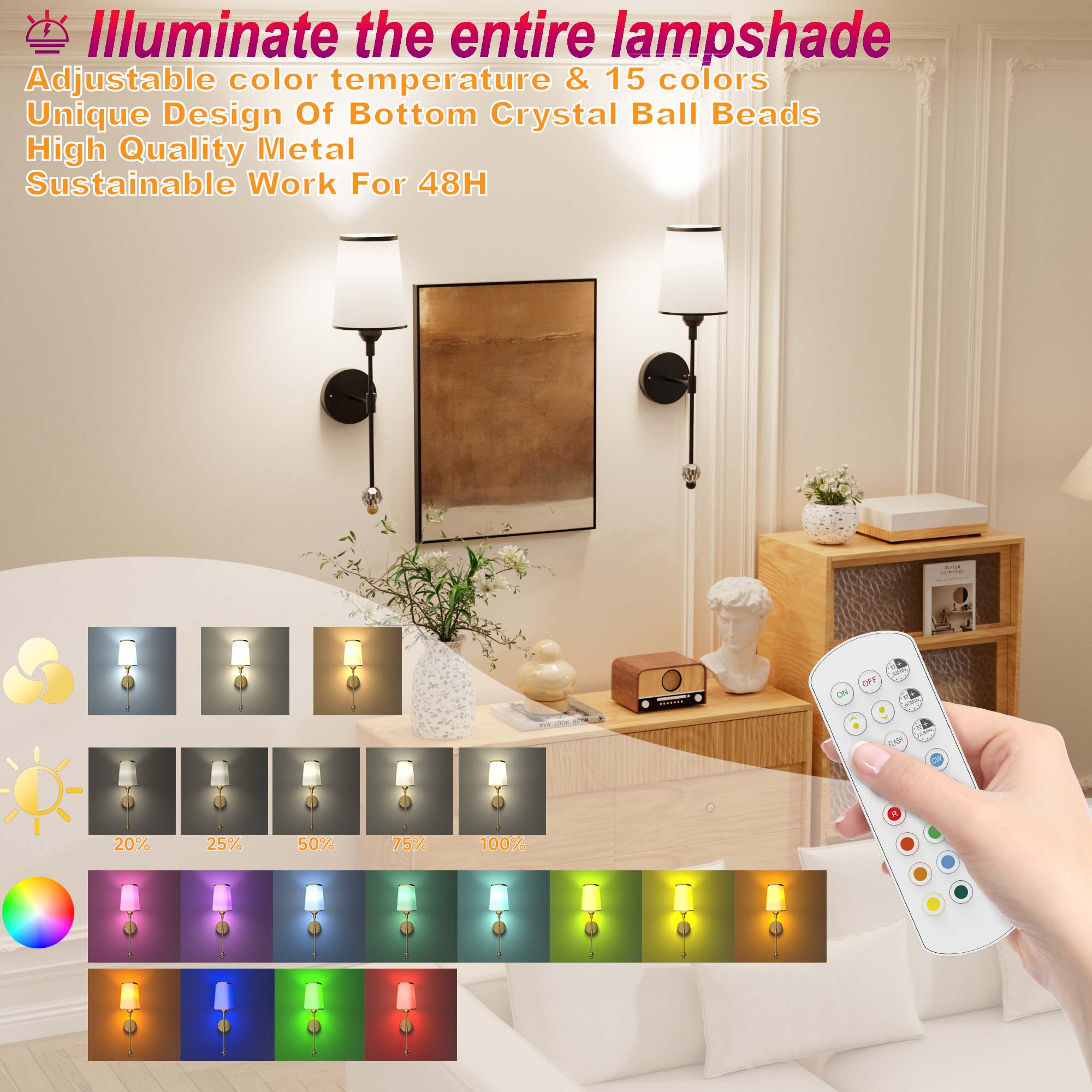 Illuminate the entire lampshade  
Adjustable color temperature & 15 colors  
Unique Design Of Bottom Crystal Ball Beads  
High Quality Metal  
Sustainable Work For 48H