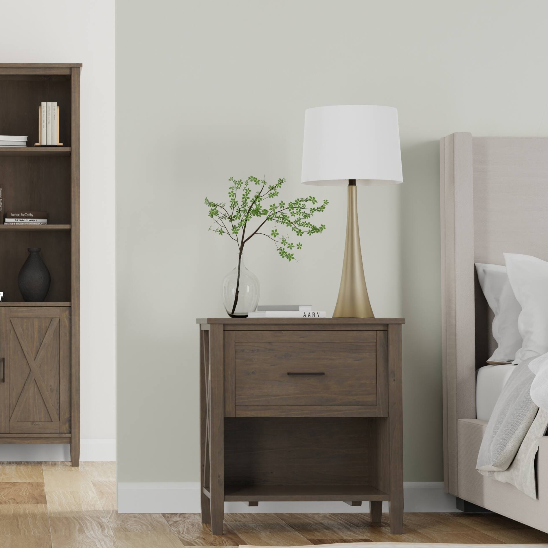 Angle. Simpli Home - Ela SOLID WOOD 24 inch Wide Transitional Bedside Table in Smoky Brown - Smoky Brown.