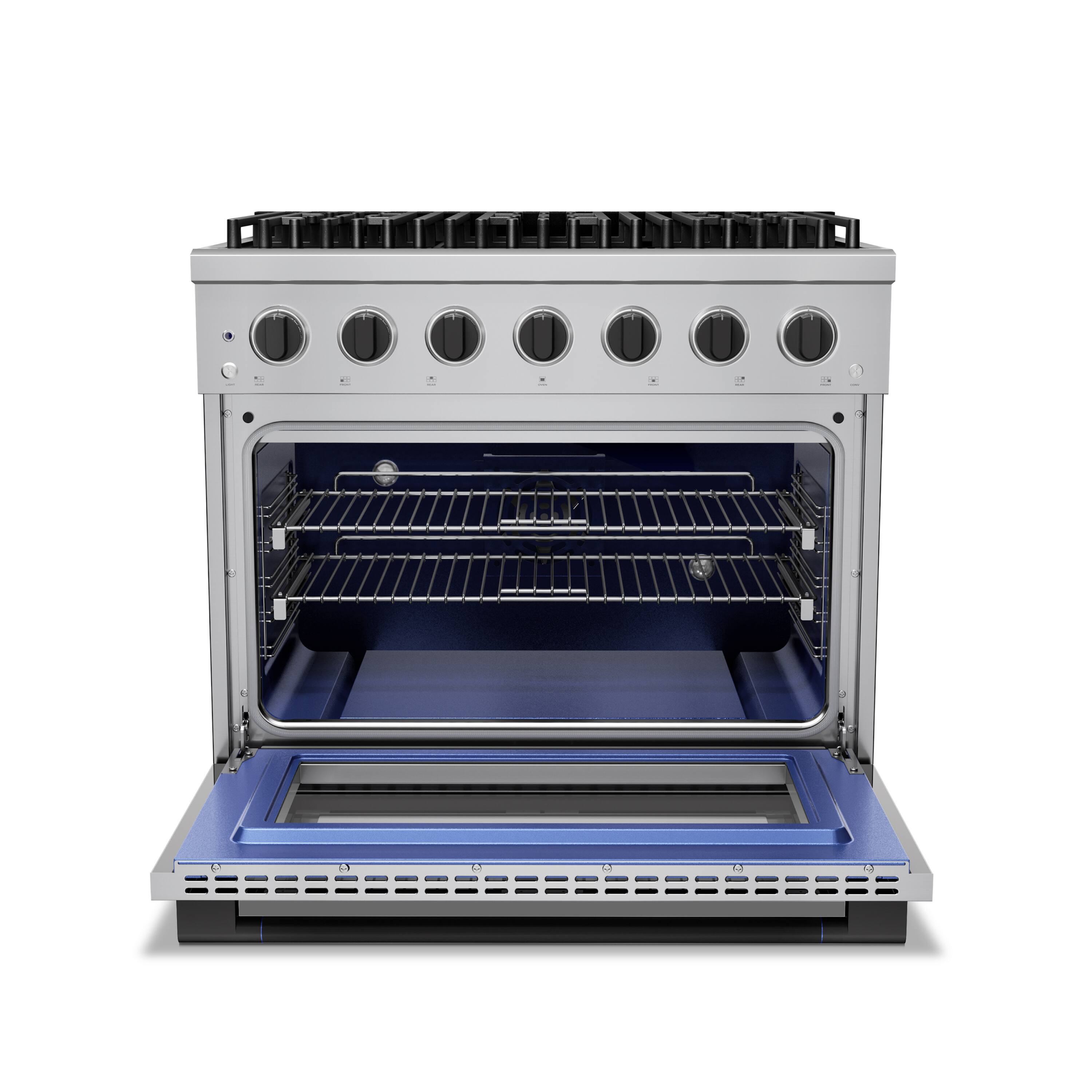 Angle. Hauslane - HausPro 36 in. 6 Burners (20,000 BTU) Freestanding Dual Fuel Range in Stainless Steel with Convection Oven Matte Black - Matte Black.