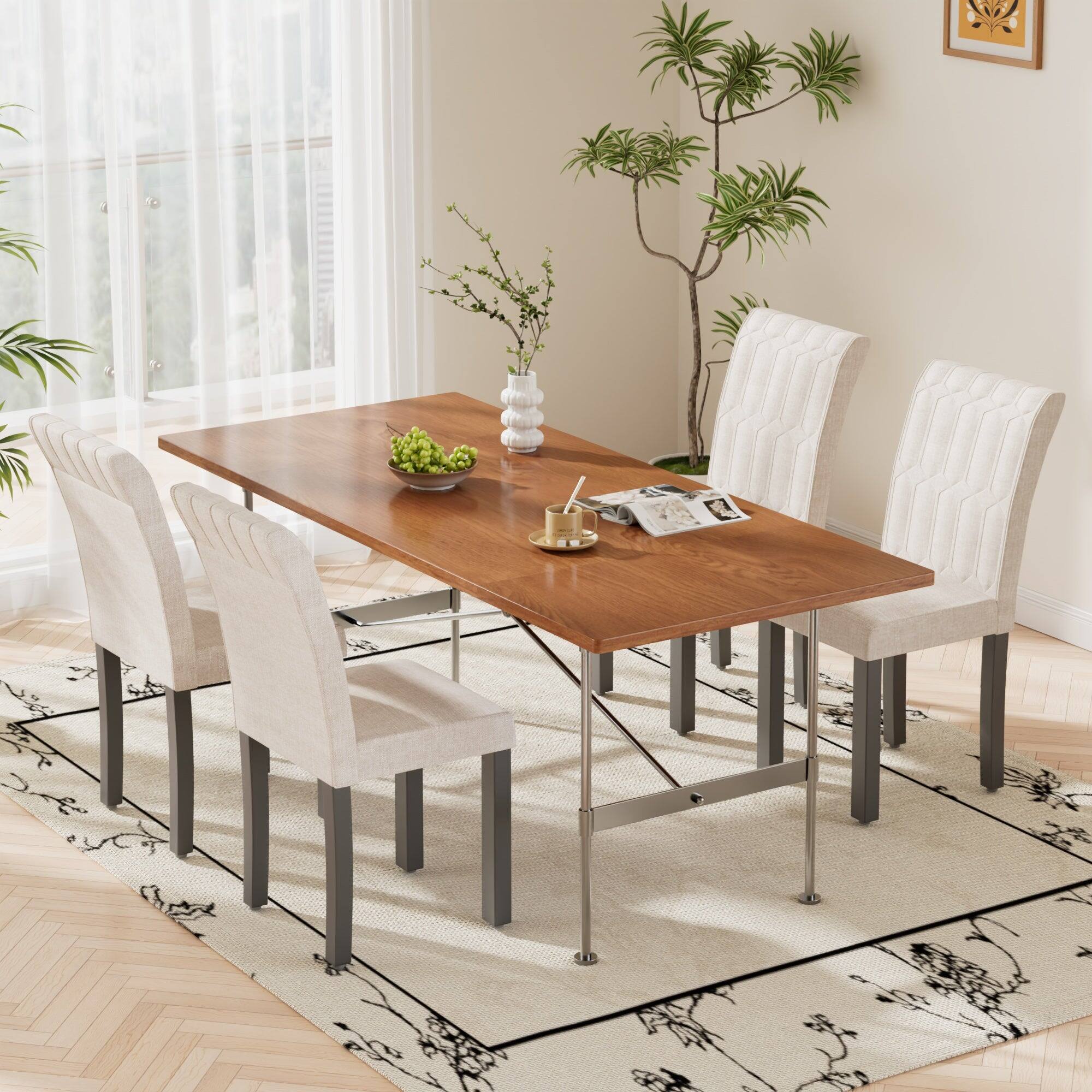 Alt View 1. Vecelo - Set of 4 PU Leather Dining Chairs  - Ergonomic High Back Chairs With Solid Wood Legs - Beige.