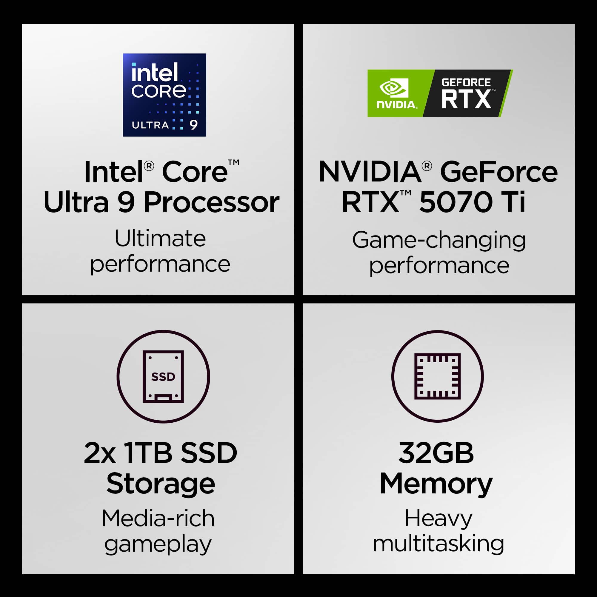 Intel Core Ultra 9 Processor, NVIDIA GeForce RTX 5070 Ti, Ultimate Game-changing performance, SSD 2x 1TB SSD Storage, Media-rich gameplay, 32GB Memory, Heavy multitasking.
