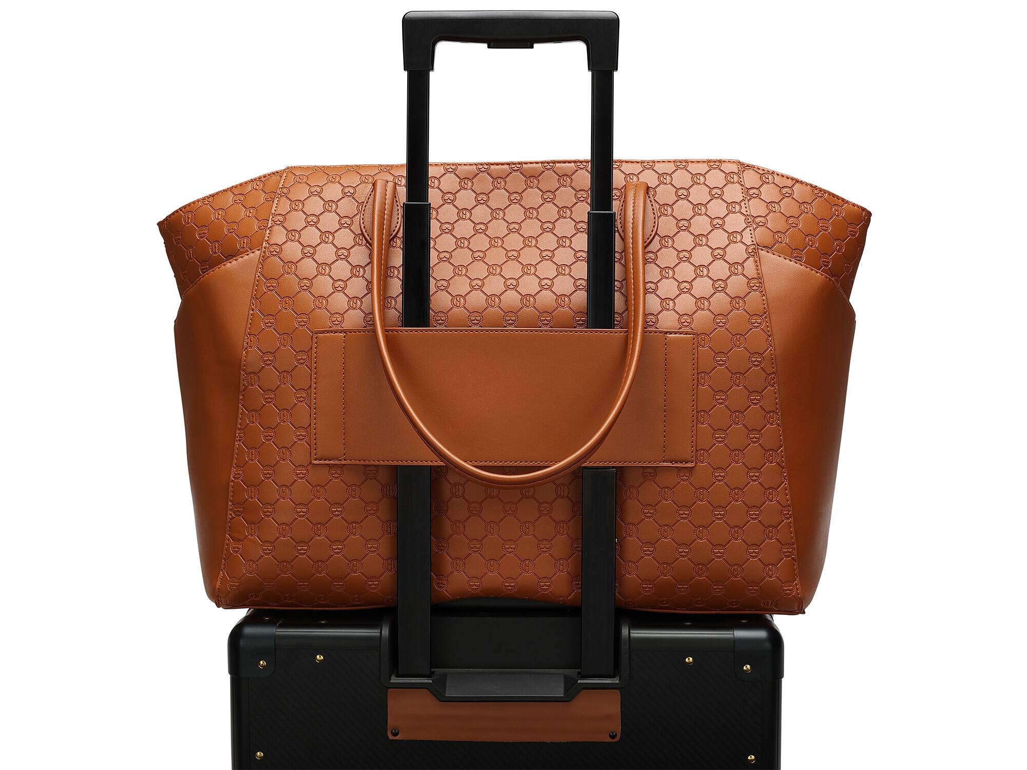 Angle. Elle - ELLE Compass 32L Vegan Leather Monogram Weekender Duffel Bag | Brown - Brown.