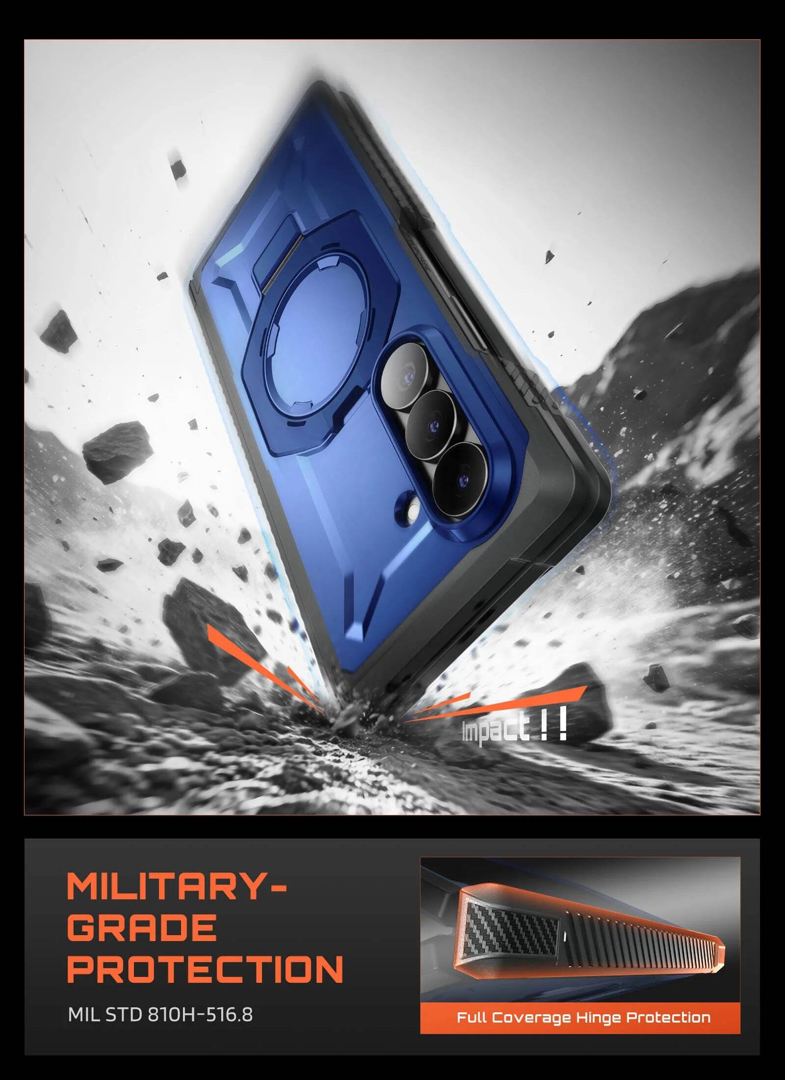 Impact!!  
MILITARY-GRADE PROTECTION  
MIL STD 810H-516.8  
Full Coverage Hinge Protection