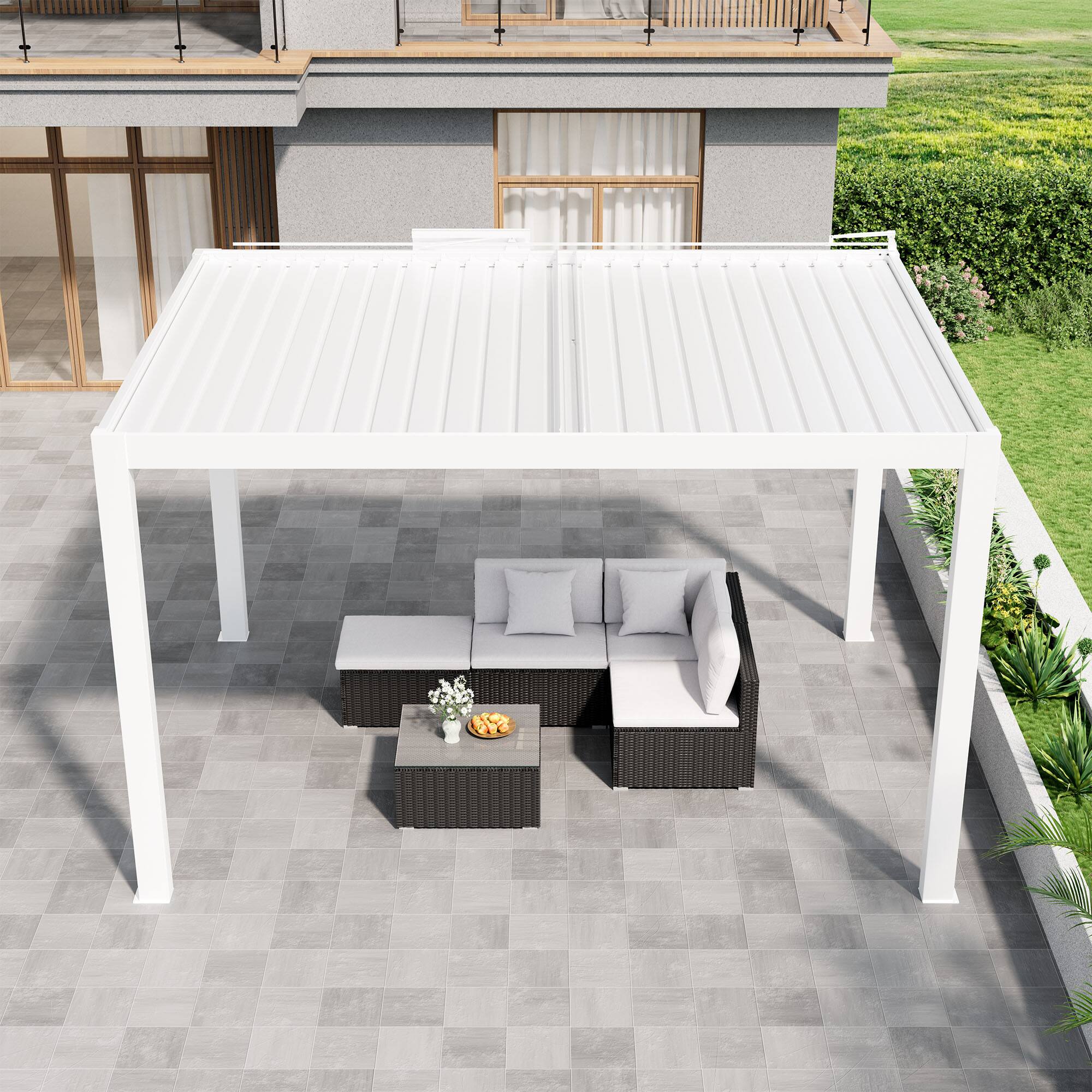 Left. Mondawe - 10ft x 14ft Solar-Powered Aluminum Pergola with Adjustable Louvers and Hidden Drainage System - White.