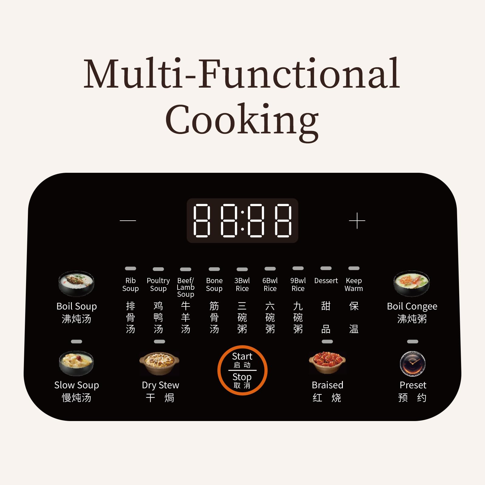 Multi-Functional Cooking

Boil Soup  
- Rib Soup  
- Poultry Soup  
- Beef/Lamb Soup  
- Bone Soup  
- 3Bwl Rice  
- 6Bwl Rice  
- 9Bwl Rice  
- Dessert  
- Keep Warm  

Slow Soup  
- Dry Stew  
- Braised  
- Boil Congee  

Start  
Stop  

Preset