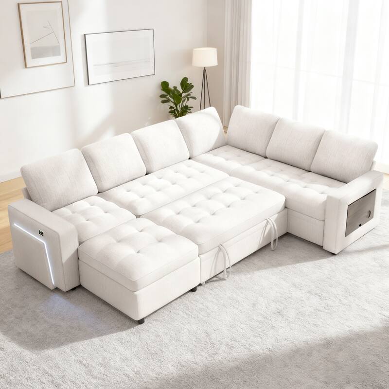 Front. Vipbear - 7 Seat L Shaped Sectional Sleeper Sofa Bed with Pull Out Bed, Adjustable Backrest, USB Ports, LED, Tool-Free Assembly - Beige.