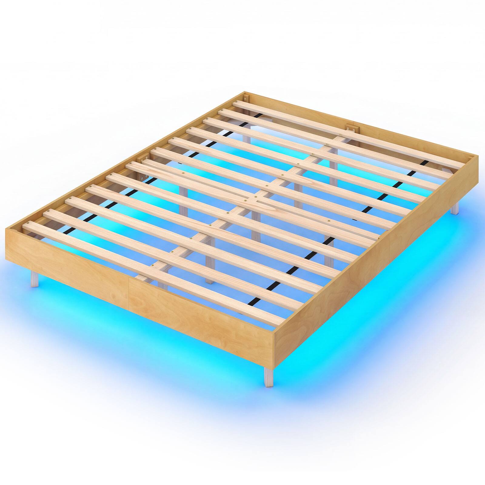 Costway - Queen Size Floating Bed Frame with LED Lights, 12 Inch Modern Wood Platform Bed - Natural