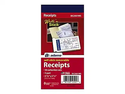 Receipts
DC2501WS
Write 'n Stick
adams
self-stick removable Receipts
- 50 carbonless sets
- 2-part
- 5 1/4" x 2 1/4" (13.7 x 7 cm)
USA DC2501WS
87958 12501