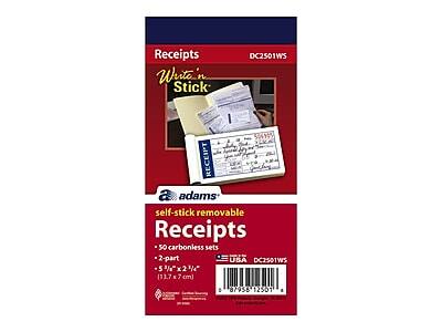 Receipts  
DC2501WS  

Write 'n Stick  

adams  
self-stick removable Receipts  
- 50 carbonless sets  
- 2-part  
- 5 1/4" x 2 1/4" (13.7 x 7 cm)  

USA DC2501WS  

87958 12501