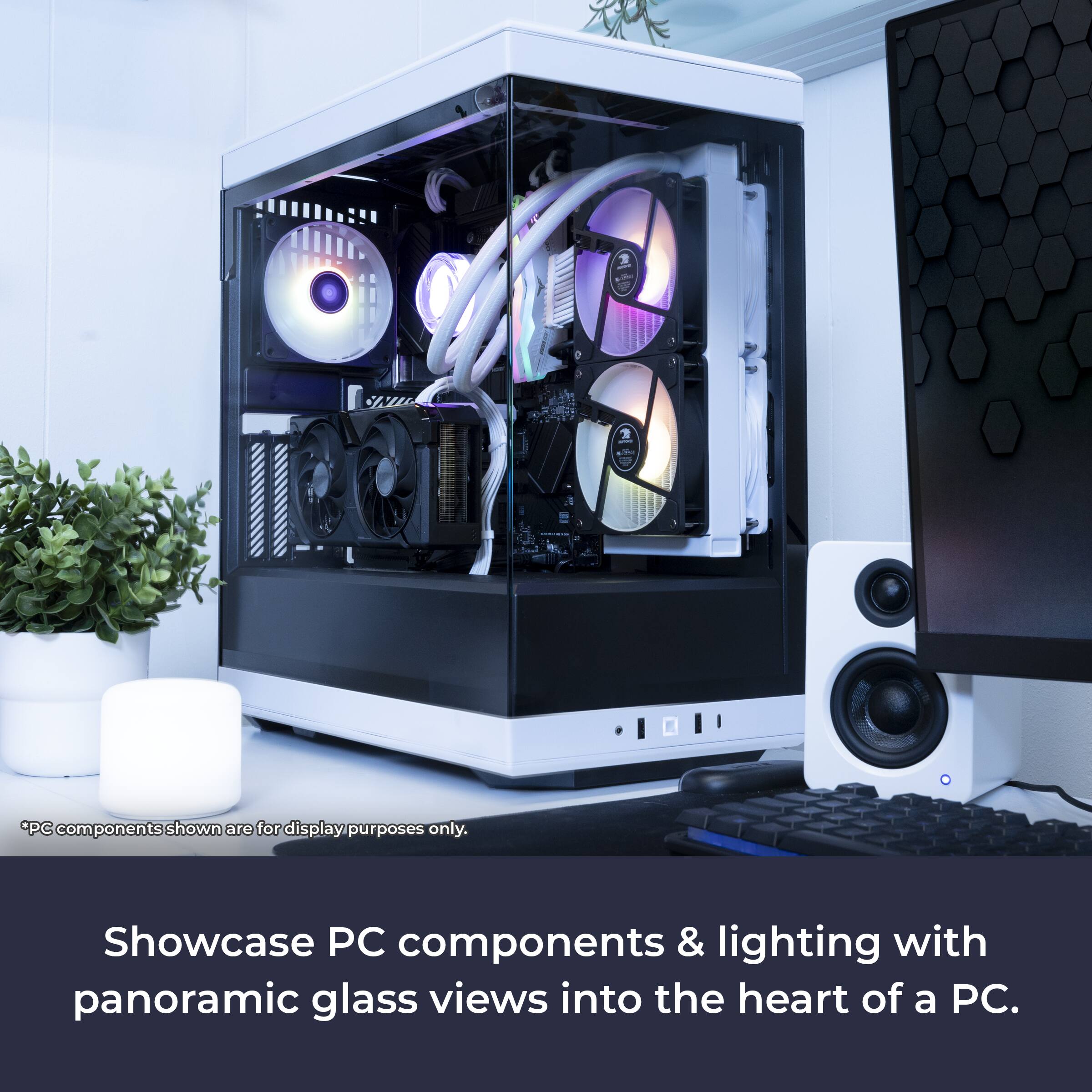 The text on the image reads: "Showcase PC components & lighting with panoramic glass views into the heart of a PC."