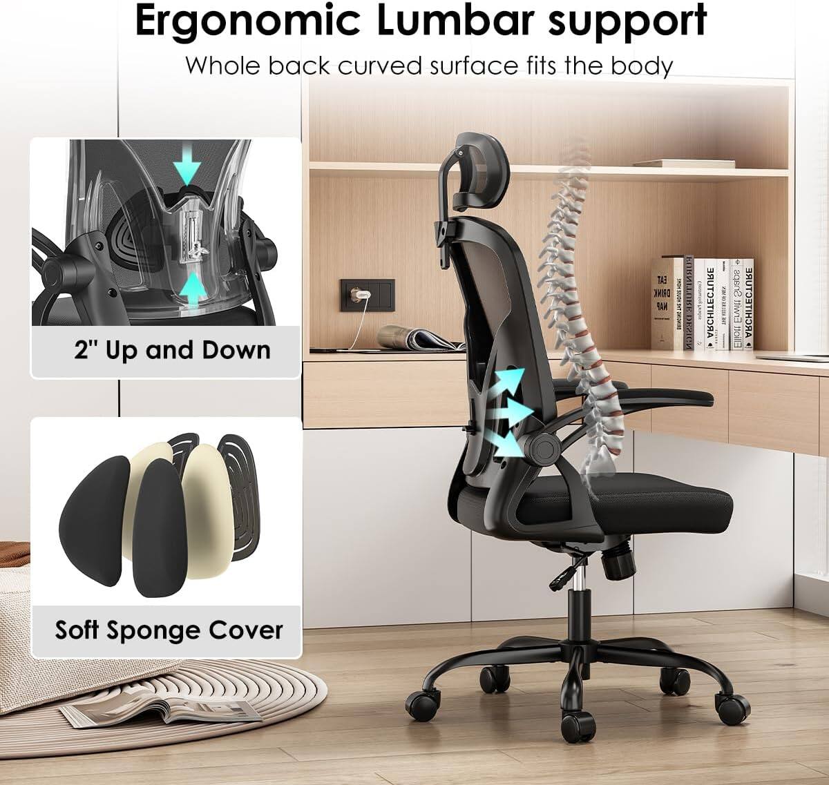 Ergonomic Lumbar support  
Whole back curved surface fits the body  

2" Up and Down  

Soft Sponge Cover