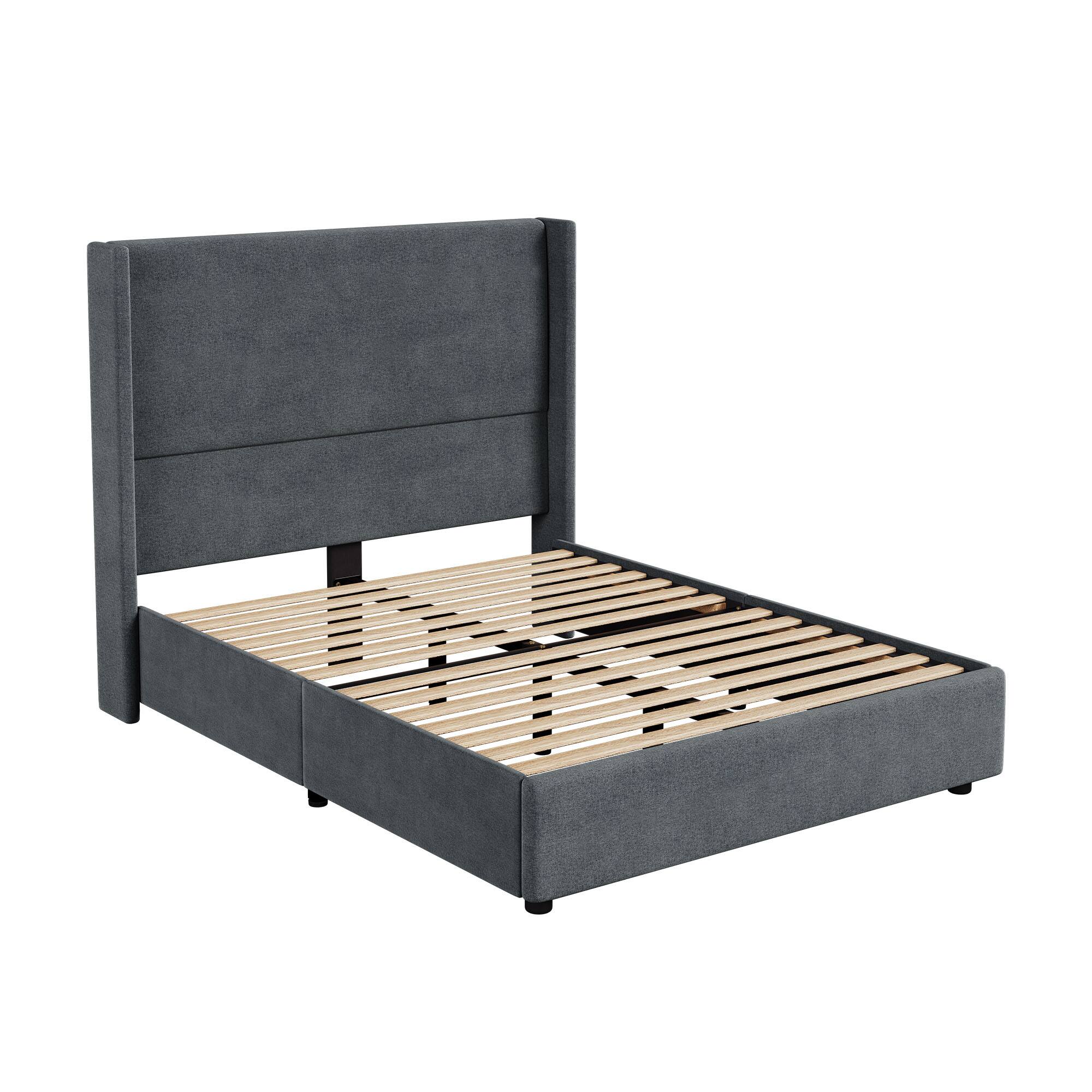 Alt View 5. Dyonery - Queen-Size Padded Platform Bed Frame with Hydraulic Storage / Modern Winged Headboard / No Mattress Required. - Gray.