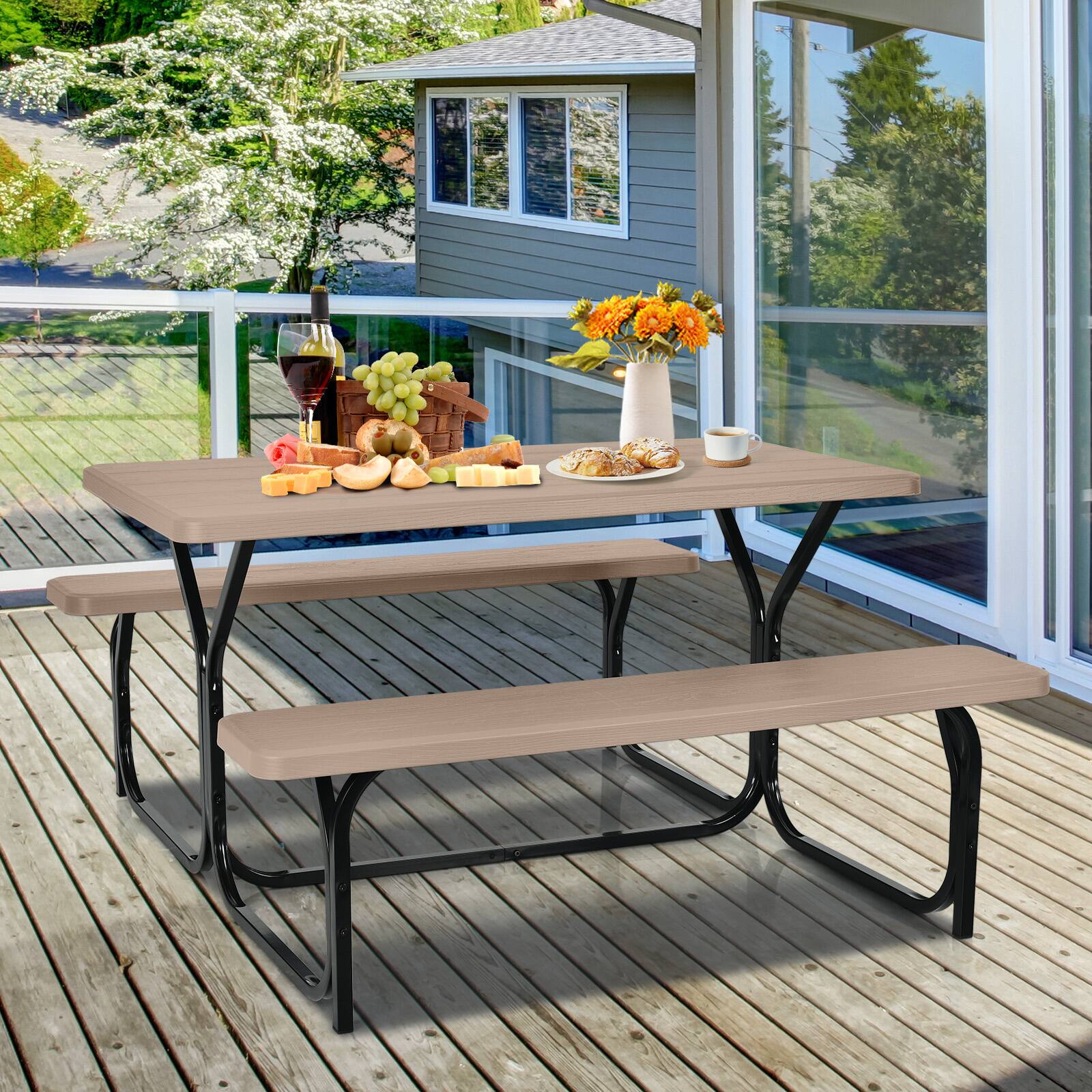 Angle. SlickBlue - Outdoor Picnic Table Set HDPE with Metal Frame, Bench Seating Included - Coffee.