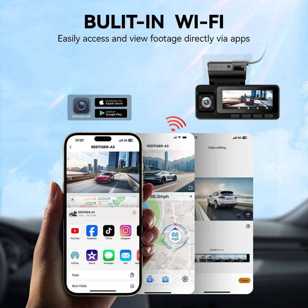 BUILT-IN WI-FI  
Easily access and view footage directly via apps  
Available on Apple Store and Google Play  

REDTIGER APP  

17:37  
REDTIGER-A3  

Video editing  
68.0mph  

REDTIGER-A3 video  
15/9 MB  

YouTube, Facebook, TikTok, Instagram, AirDrop, Movie, Messages, Mail, Notes  

Copy  
Save Video