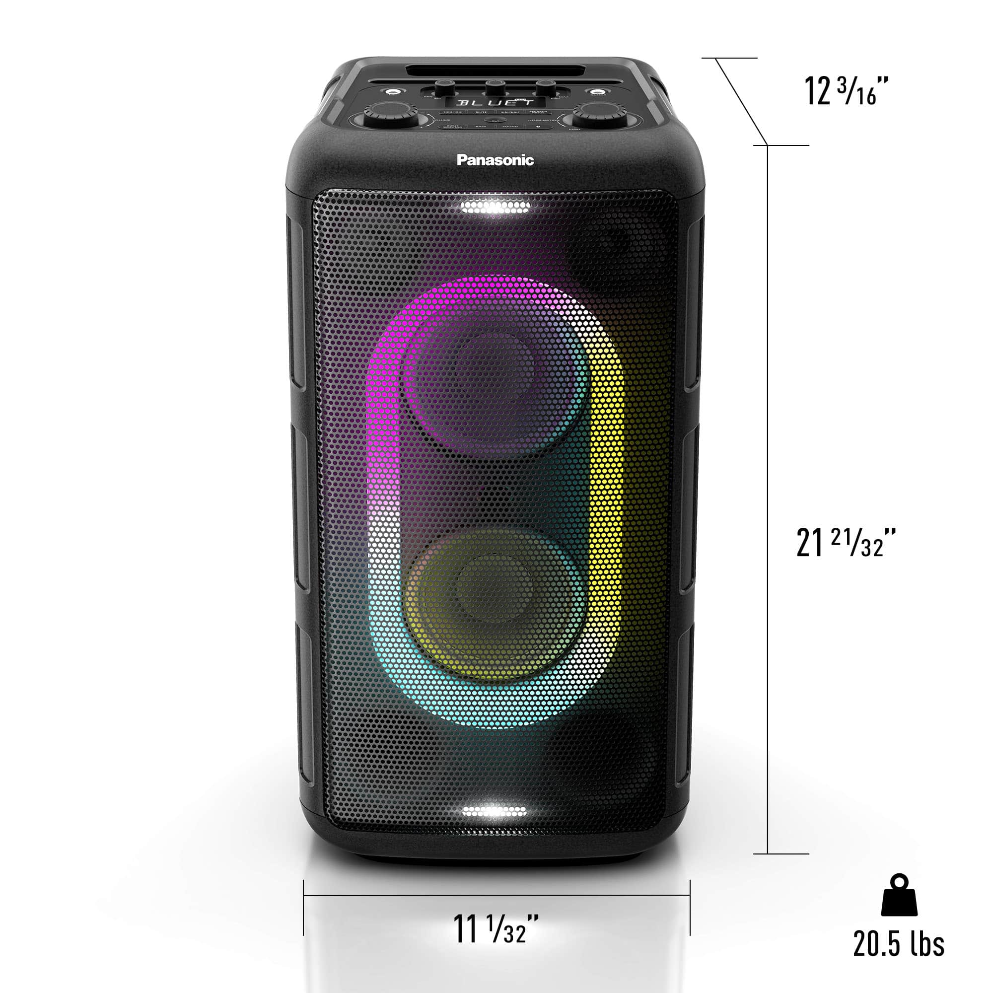 The text on the image reads: "BUET 21 123/16" Panasonic. The measurements are 21 21/32" 11 1/32" 20.5 lbs.