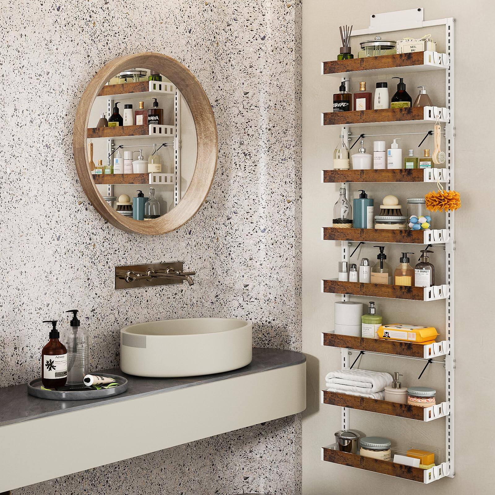 Alt View 3. Cedar Assembly - bukfen Over the Door Pantry Organizer, 8-Tier Adjustable Wooden Basket Kitchen Pantry Door Organization and... - Black pole wood color.