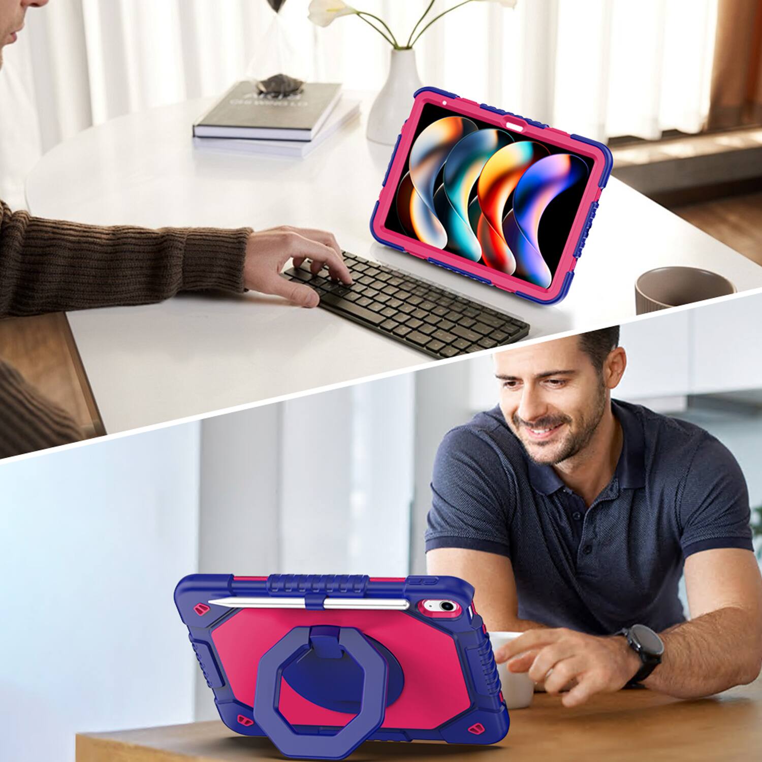 Alt View 2. Dteck - Shockproof Case for Apple iPad (A16) 11" 2025 & iPad 10th Gen 10.9" with Strap & 360° Stand,Rugged Cover+Plastic Stylus - Rose.