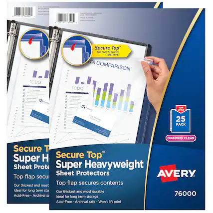 Avery Products Corporation
Brea, California 92821
MADE IN CHINA
Avery Products Corporation
Brea, California 92821
MADE IN CHINA
Secure Top™
Super Heavyweight
Sheet Protectors
Top flap secures contents
Our thickest and most durable
Ideal for long term storage
Acid-Free - Archival safe - Won't lift print
Secure Top™
Super Heavyweight
Sheet Protectors
Top flap secures contents
Our thickest and most durable
Ideal for long term storage
Acid-Free - Archival safe - Won't lift print
25 PACK
DIAMOND CLEAR
AVERY
76000
TOP LOAD
Secure Top™
Super Heavyweight
Sheet Protectors
Top flap secures contents
Our thickest and most durable
Ideal for long term storage
Acid-Free - Archival safe - Won't lift print
Secure Top™
Super Heavyweight
Sheet Protectors
Top flap secures contents
Our thickest and most durable
Ideal for long term storage
Acid-Free - Archival safe - Won't lift print
TOP LOAD
25 PACK
DIAMOND CLEAR
AVERY