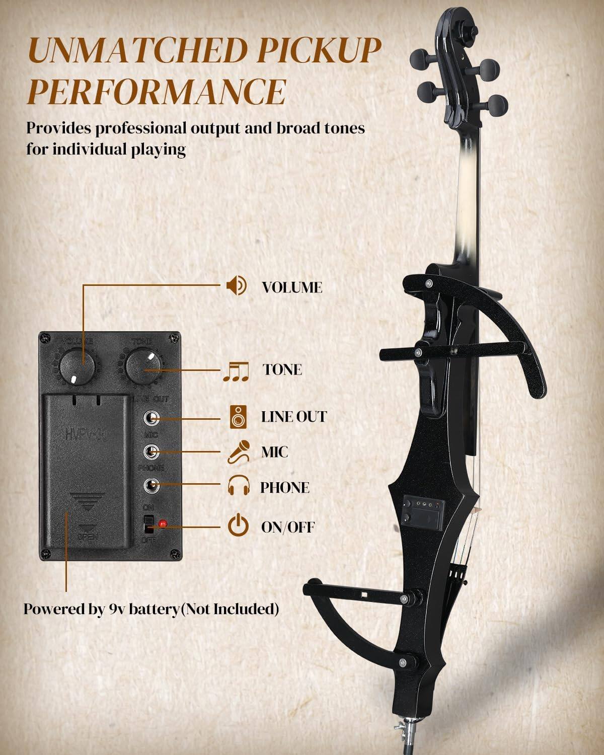 UNMATCHED PICKUP PERFORMANCE  
Provides professional output and broad tones for individual playing  

VOLUME  
TONE  
HVP OUT  
LINE OUT  
MIC  
PHONE  
ON/OFF  

Powered by 9v battery (Not Included)