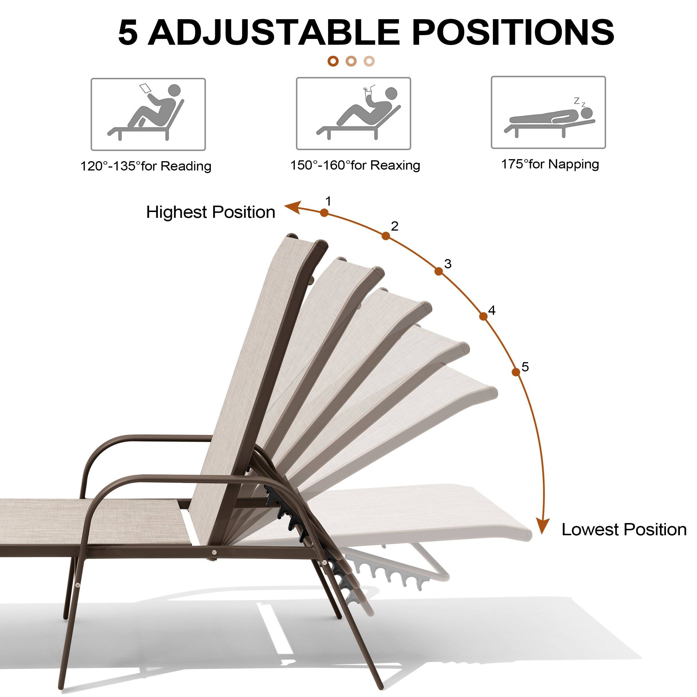 5 Adjustable Positions

120°-135° for Reading  
150°-160° for Relaxing  
175° for Napping  

Highest Position  
1 2 3 4 5  
Lowest Position