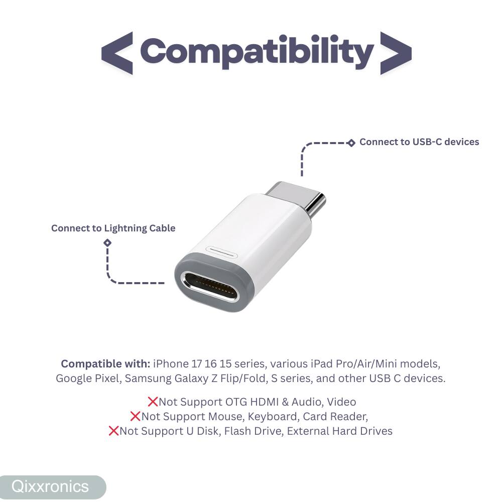 Compatibility

Connect to USB-C devices

Connect to Lightning Cable

Compatible with: iPhone 17 16 15 series, various iPad Pro/Air/Mini models, Google Pixel, Samsung Galaxy Z Flip/Fold, S series, and other USB C devices.

X Not Support OTG HDMI & Audio, Video

X Not Support Mouse, Keyboard, Card Reader,

X Not Support U Disk, Flash Drive, External Hard Drives

Qixxronics